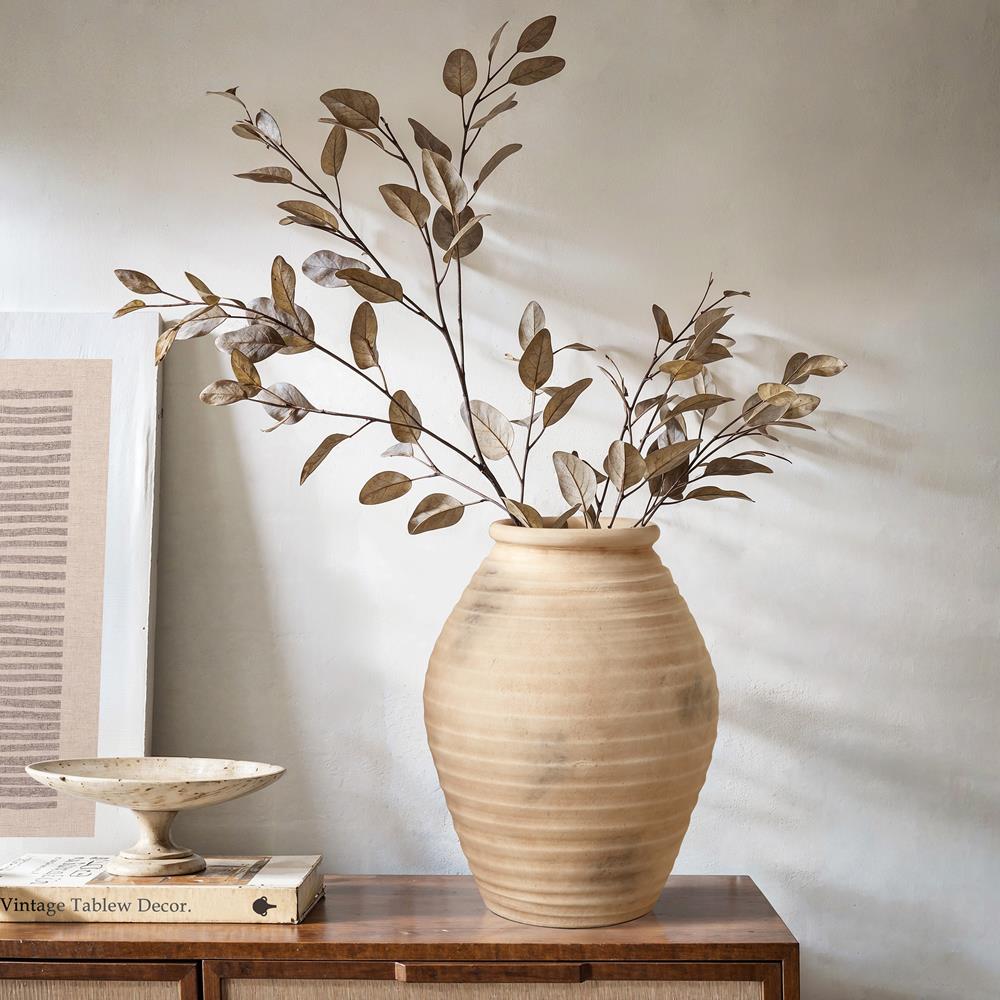 Rustic Light Brown Ribbed Ceramic Urn Vase 13.2-Inch Tall