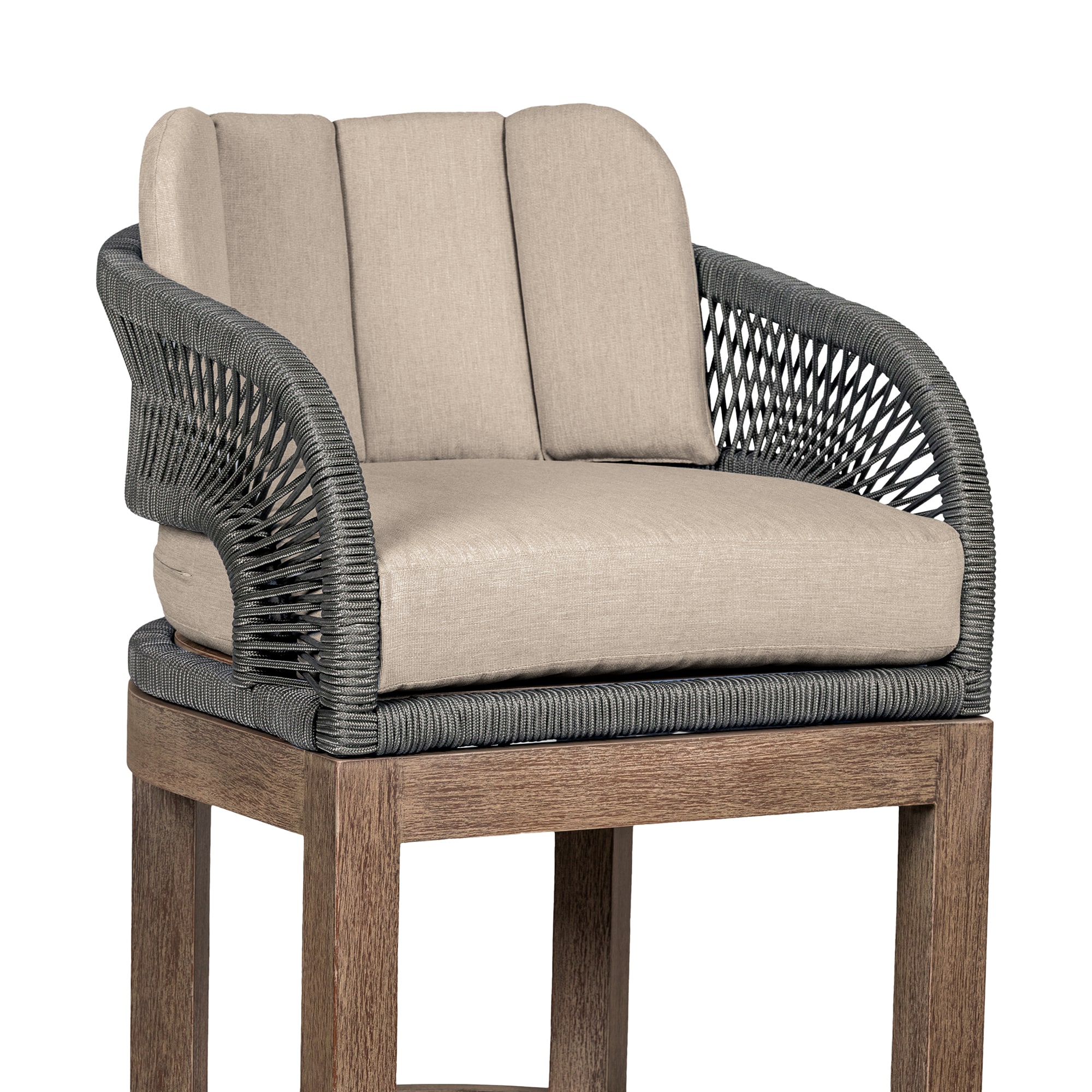 26" Weathered Eucalyptus Outdoor Counter Stool with Gray Rope and Taupe Cushions