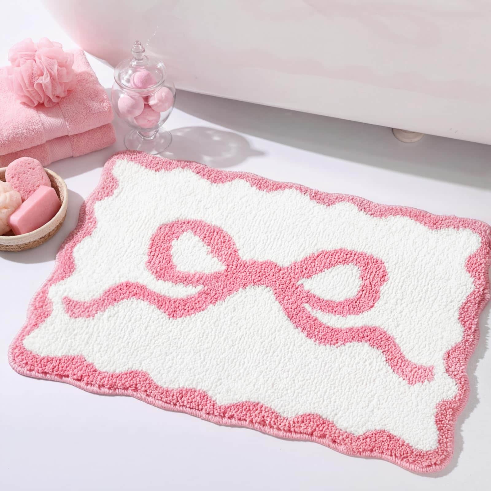 SenQWFa  Pink Bow Bathroom Rug Sixteen by Twenty Four Inches Scalloped Edge Non Slip Absorbent Microfiber Bath Mat for Bedroom Shower and Kitchen