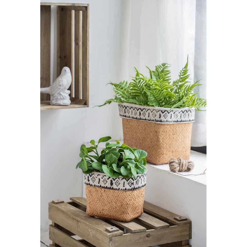 JUJABU ZJURN PLANTER-9 Brown Set of 2 Rectangular Basket Planters with Geometric Trim indoors or out