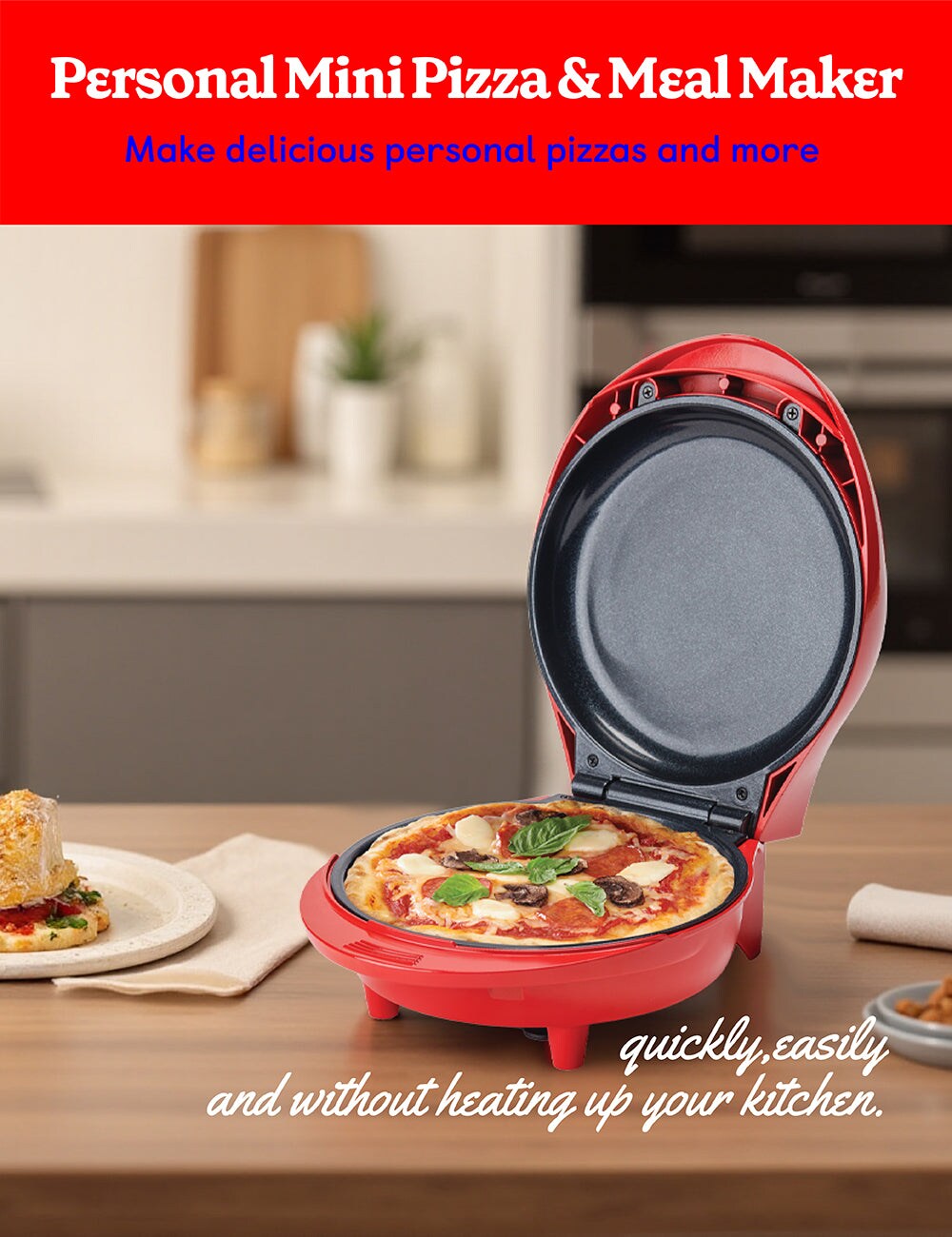 Betty Crocker 7.5 Mini Pizza Maker 1000W Nonstick Indoor Grill BC