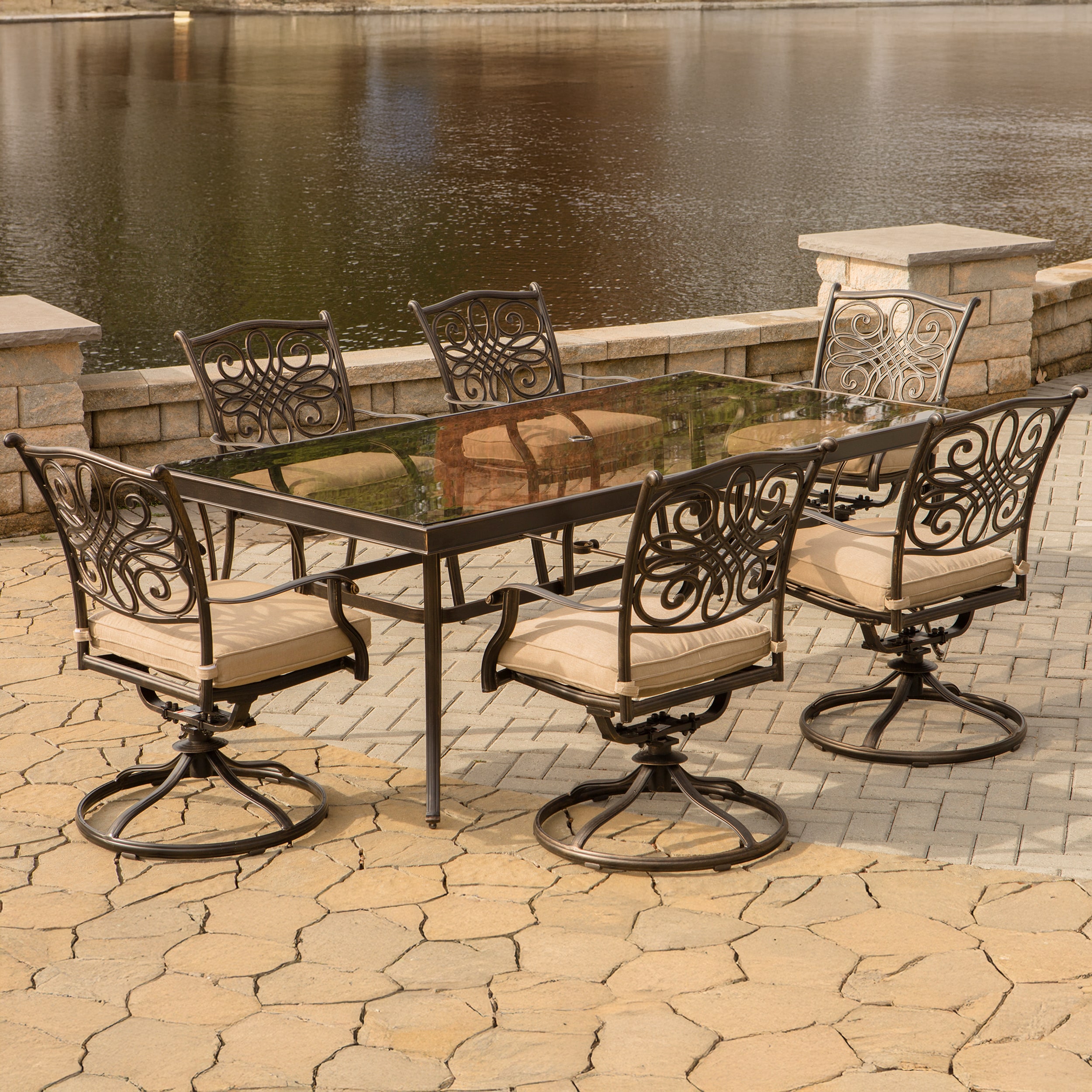 Hanover Traditions Bronze Aluminum 7-Piece Dining Set with Tan Cushions