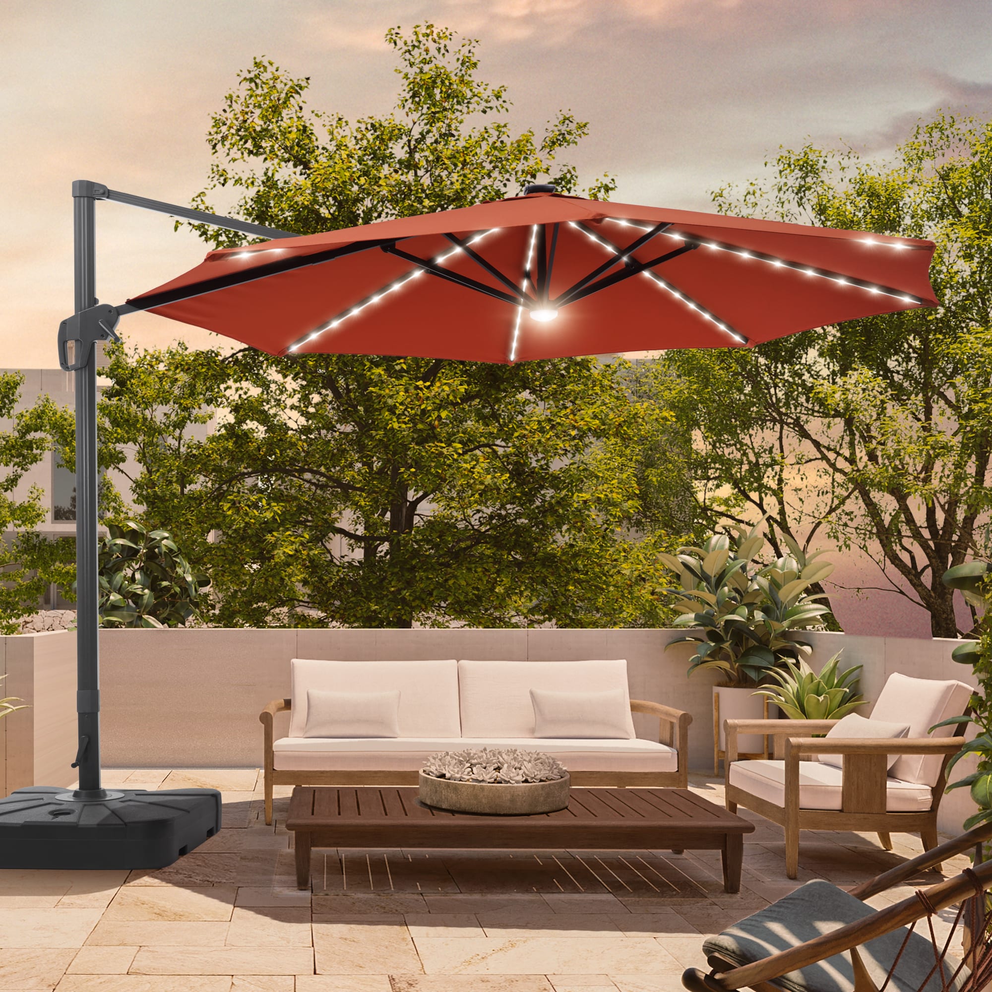 ACEGOSES LW-MCT-JC41RD 11-ft Aluminum Orange No-tilt Cantilever Patio Umbrella with Lights with Base