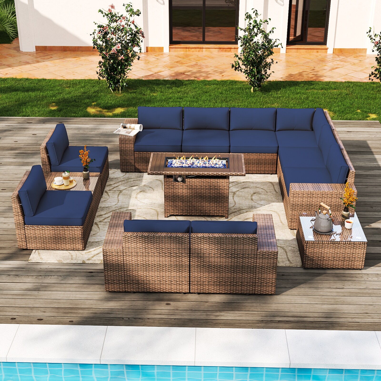 AOXUN G12039BG2AB+026BR-13 13 -Piece Rattan 2 Patio Sofa Conversation Set with Blue