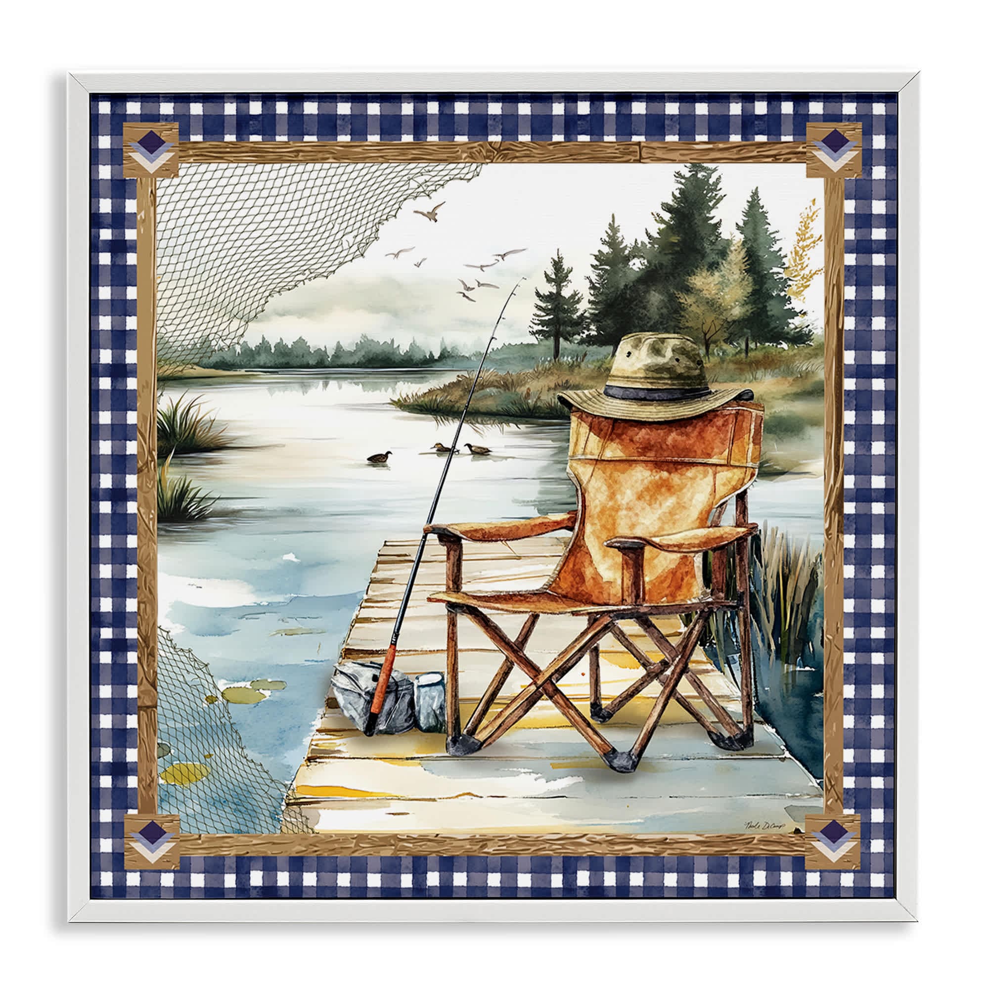 Stupell Industries BT-578-WFR-17X17 Fishing Chair on Dock White Framed Giclee Art By Nicole DeCamp 17 x 17