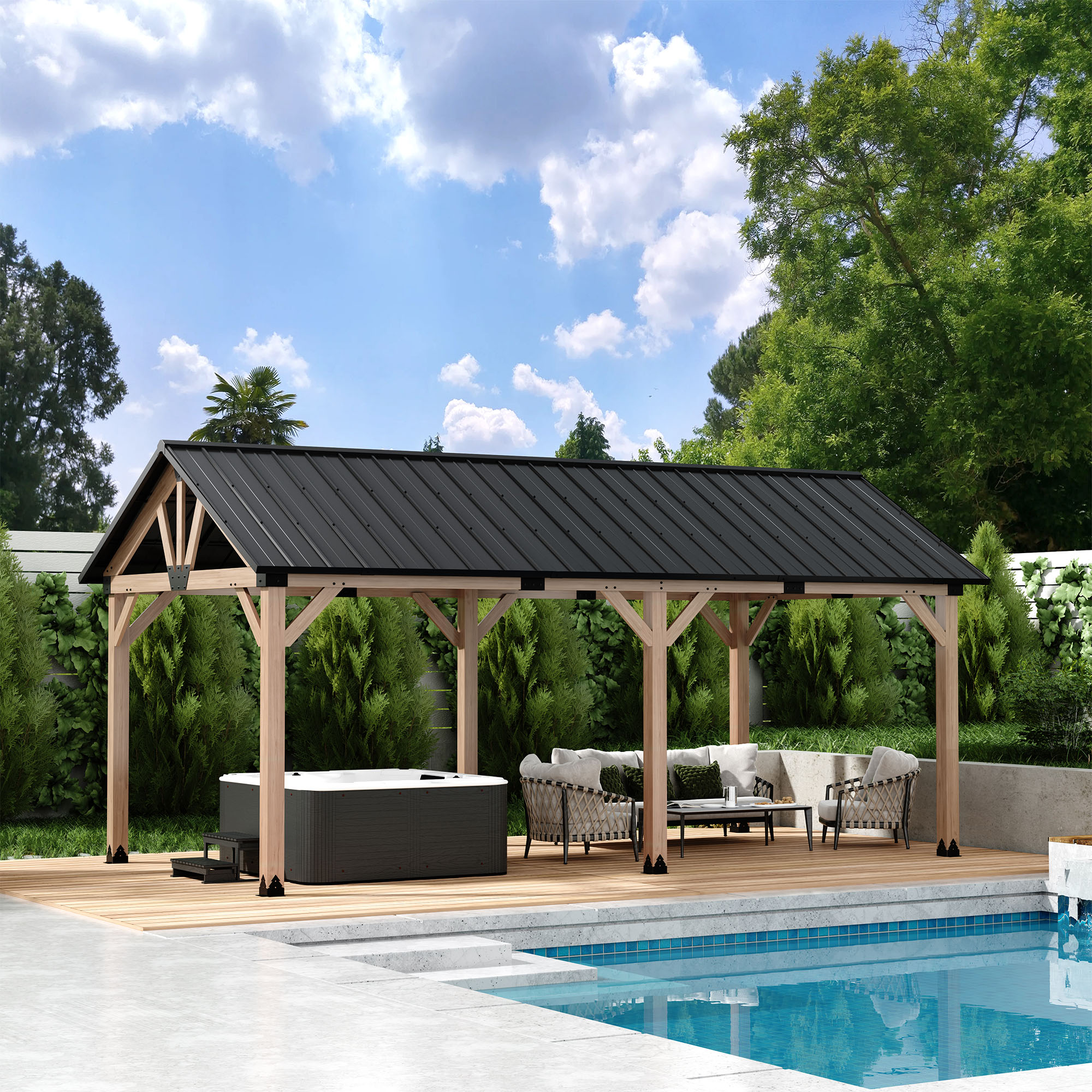 Clihome CL-06KTRZ1220SB 20-ft x 12-ft Cedar Wood Framed Gazebo Black Gazebo with Hardtop Roof