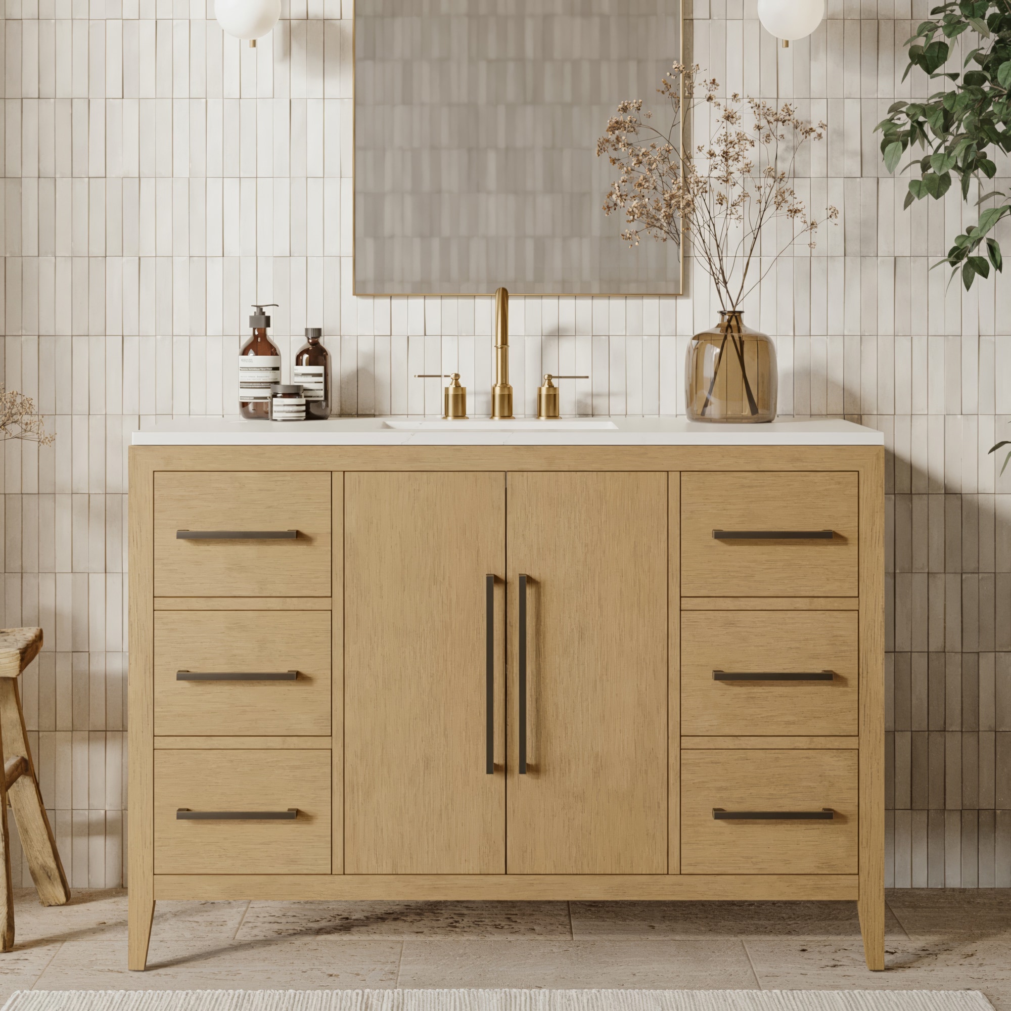 Wavecrest Designs 2-01-20-48-06051R02 Newtown 48-in Wire-brushed light oak Undermount Single Sink Bathroom Vanity with White Statuario Quartz Top