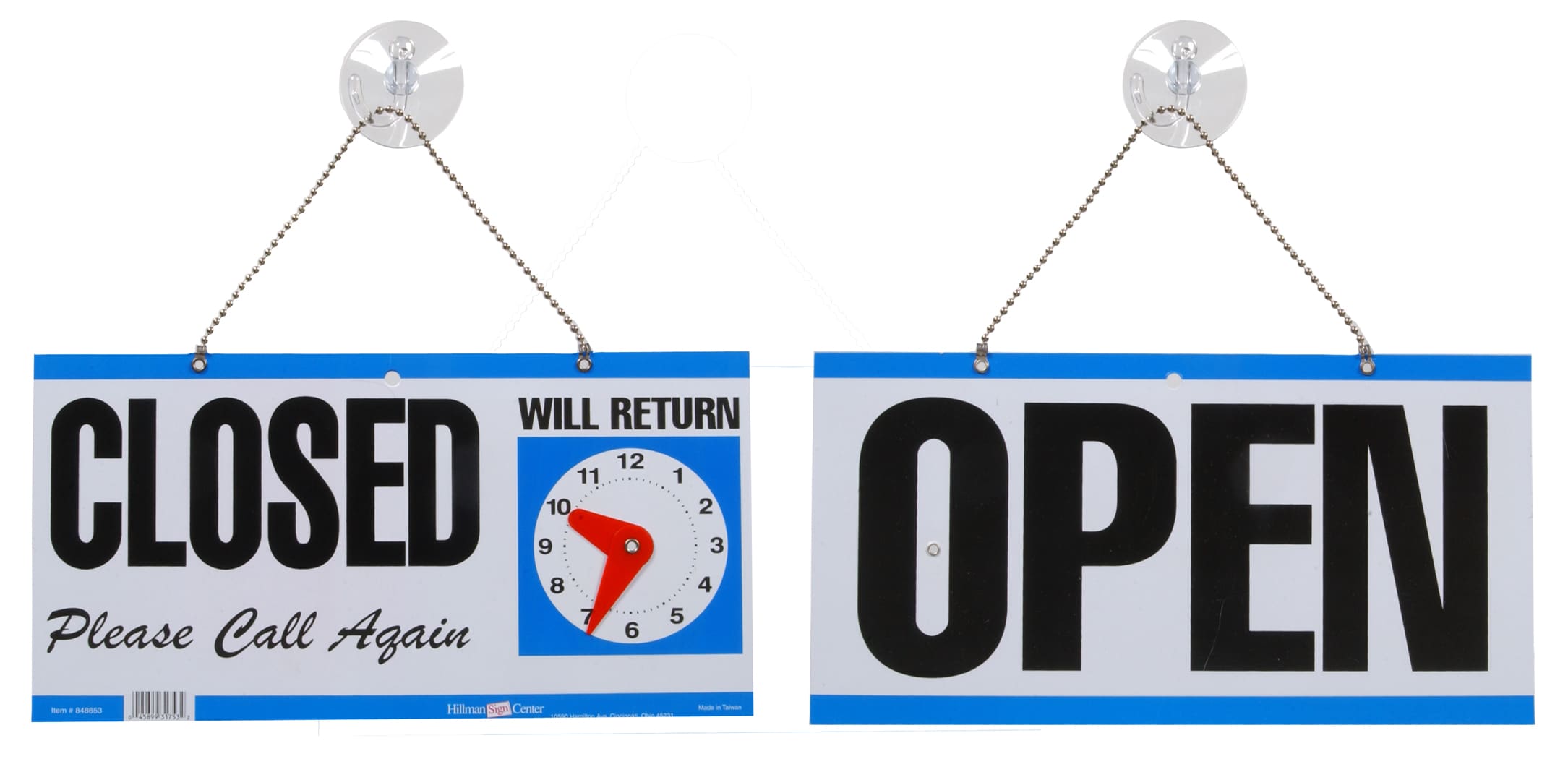 Hillman 848653 Open/Closed - with Clock 5-in x 11-in Plastic Business Sign