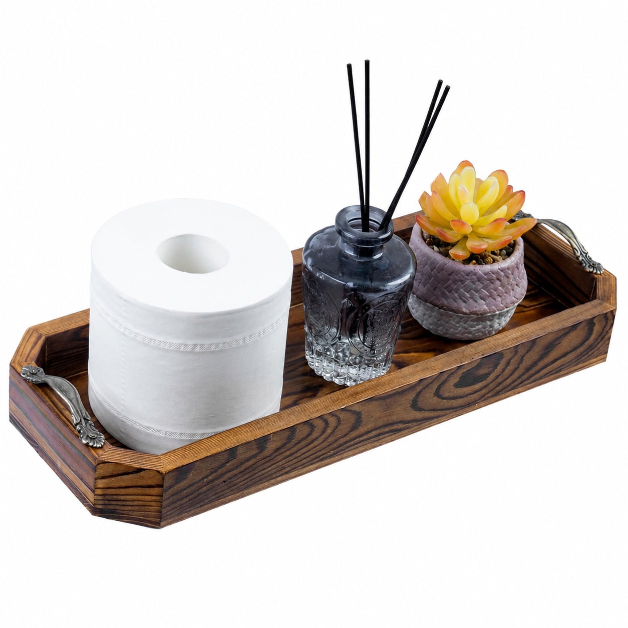 Paradigms Interiors Rustic Solid Wood Octagonal Vanity Tray With Antique Metal Handles #514068540748