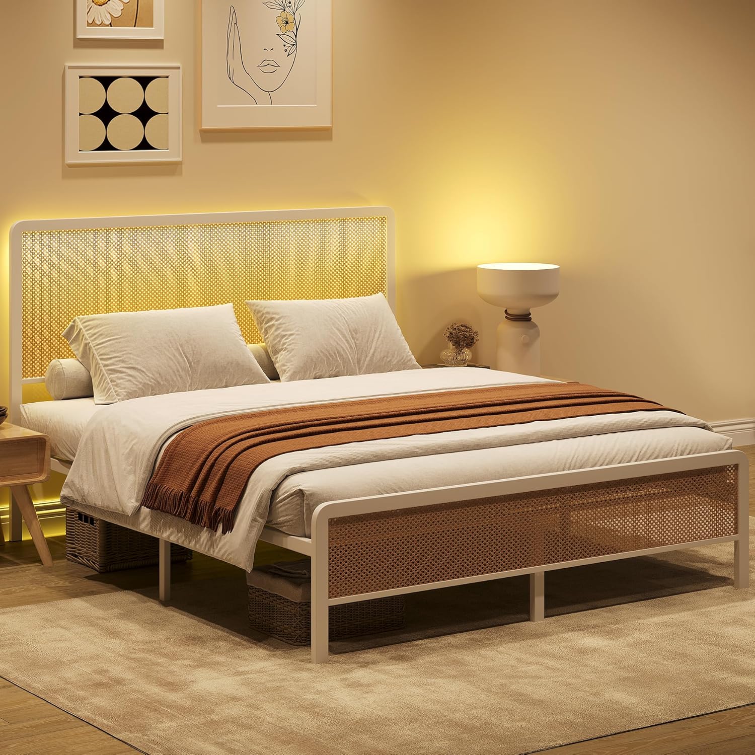 Full Bed Frame White Rattan with Headboard Bohemian Platform Metal with LED Lights Strong Metal Slats Support No Box Spring Needed Noise-Free Design