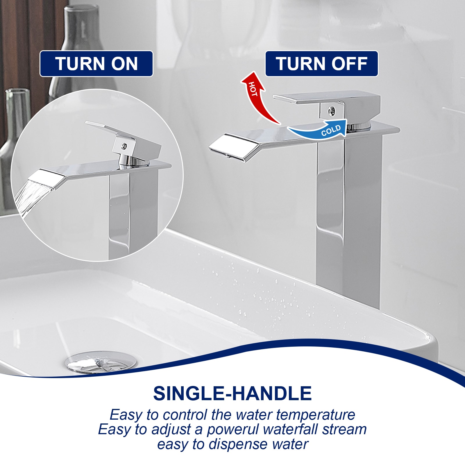 Polished Chrome Waterfall Vessel Sink Faucet with Pop-Up Drain