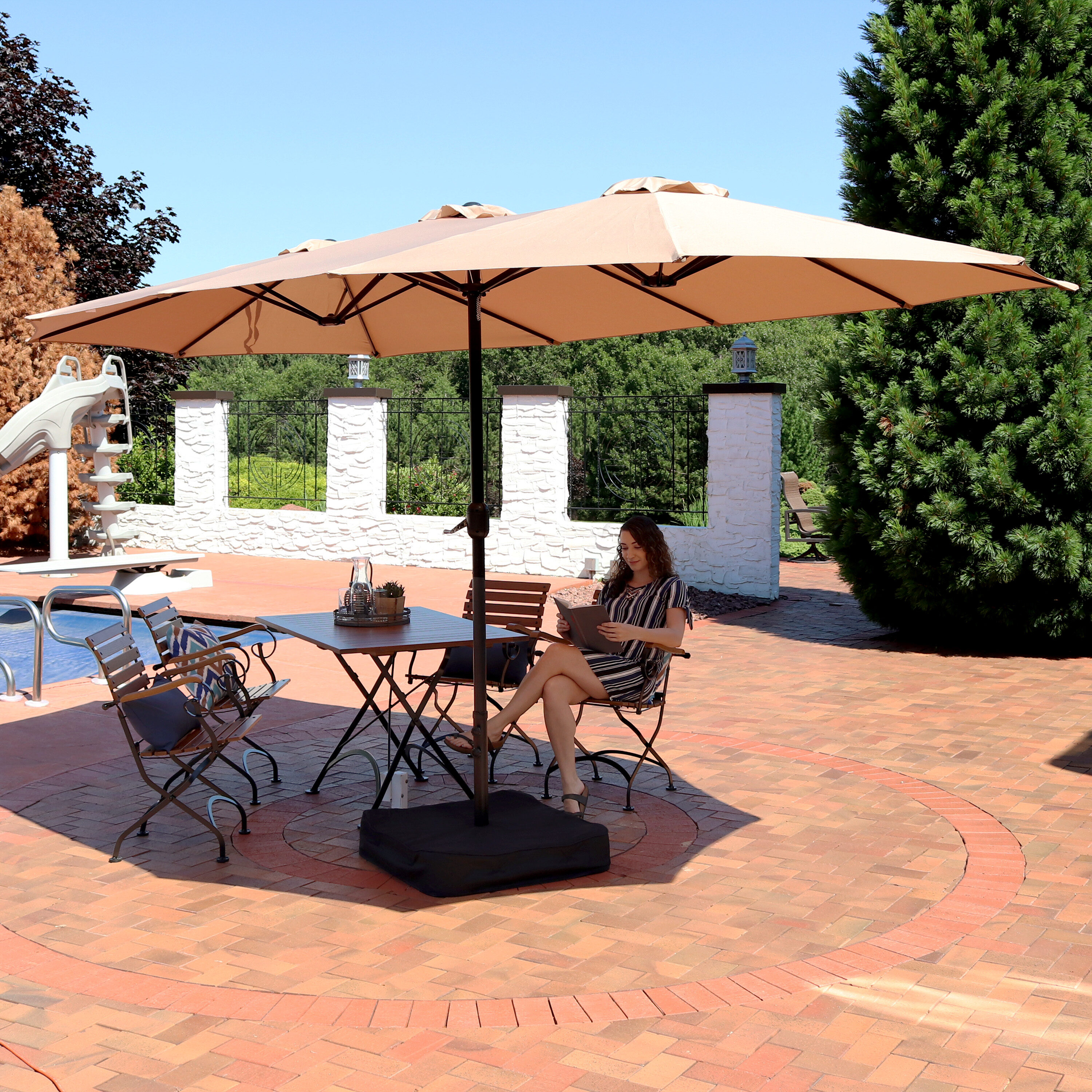 Tan Double-Sided Steel Market Umbrella with Polyester Canopy