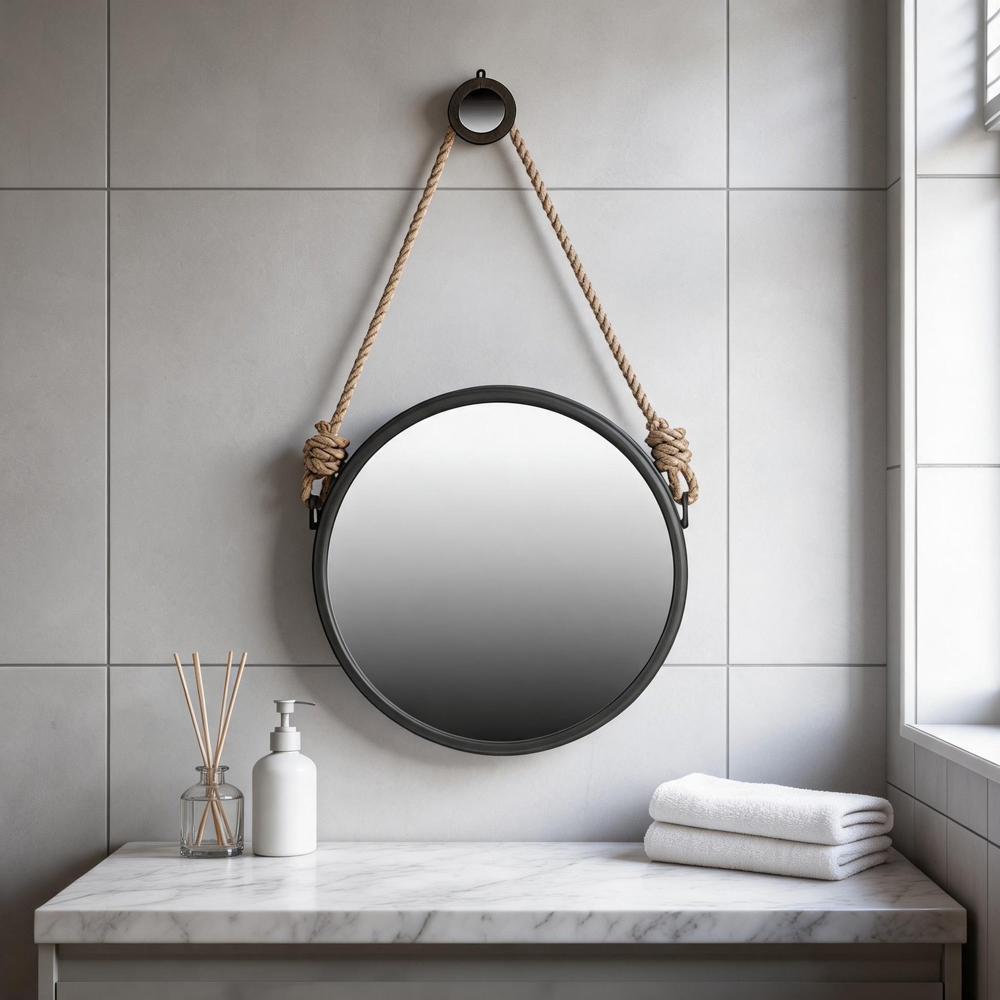 IAK 20 inch Black and Silver Iron Round Wall Mirror with Rope Strap for Contemporary Decor