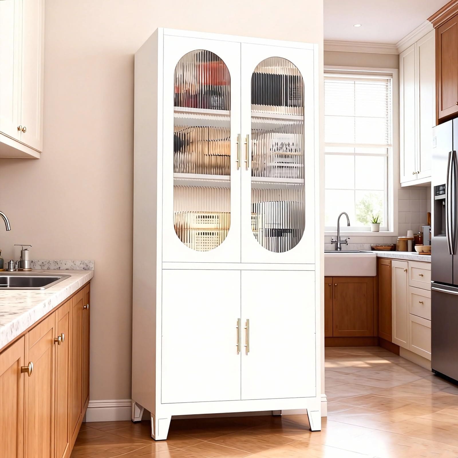 Garvee White 70-Inch Tall China Cabinet and Linen Storage Unit-Freestanding Floor Cabinet with Frosted Glass Doors/4-Tier Adjustable Shelving for Bathroom/Dining or Living Room