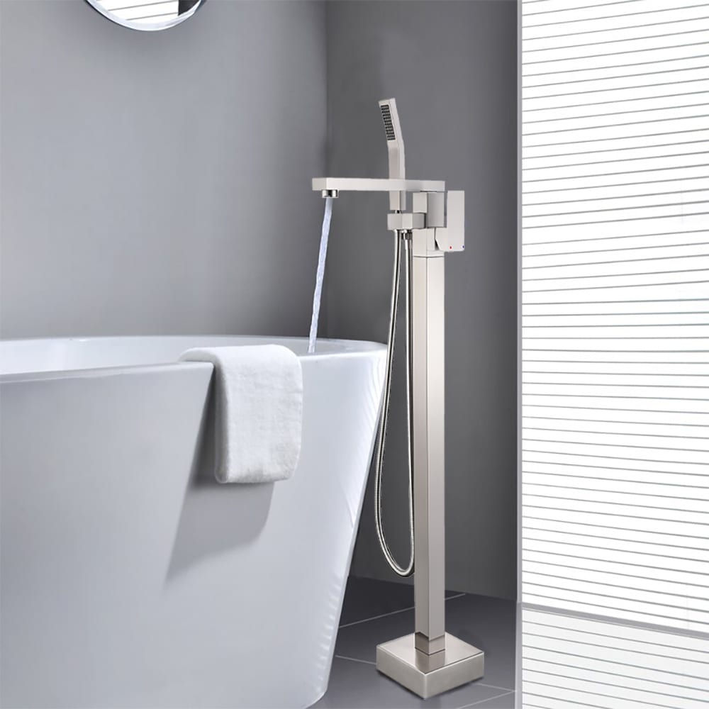 Kahomvis Brushed Nickel 1 Handle Freestanding Swivel Bathtub Faucet With Hand Shower Valve 8533