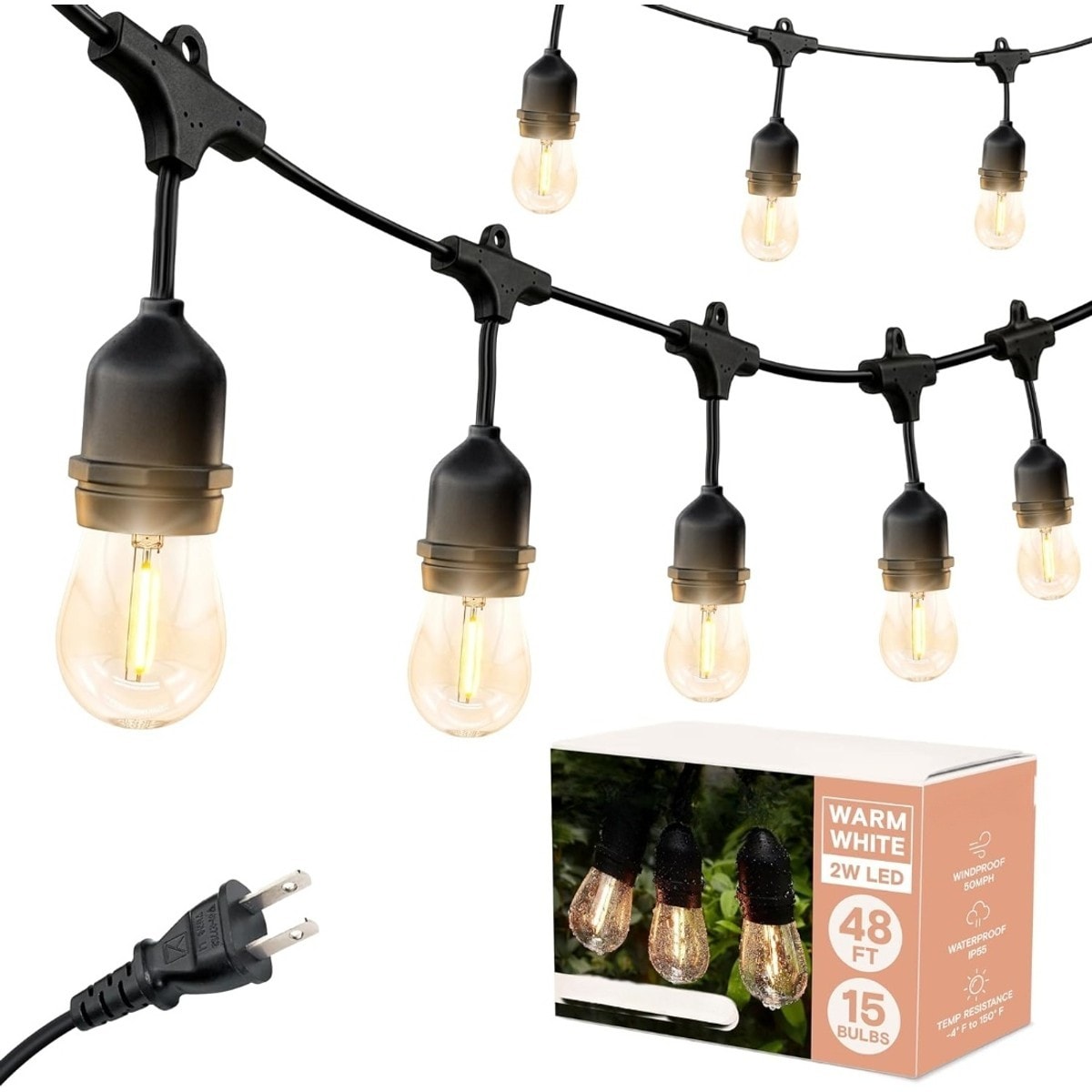 Slagawa  Warm White 48 Ft Waterproof LED Outdoor String Lights with 15 Dimmable 2W Vintage Edison Bulbs Commercial Grade