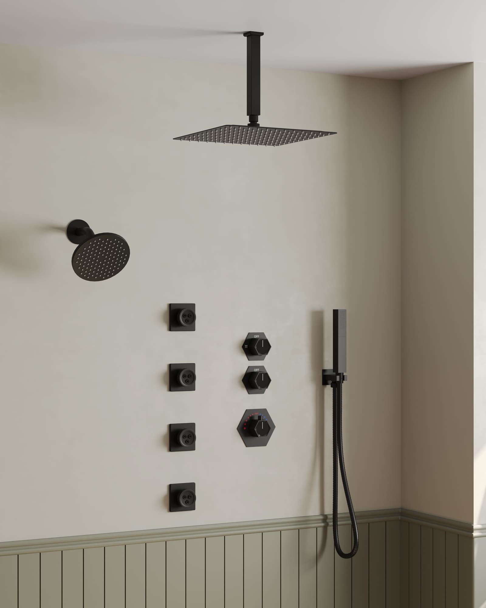 EVERSTEIN SFS-1039-BK12 Rainfall 8-Spray Square 12 in. Shower System Shower Head with Handheld in Black (Valve Included)