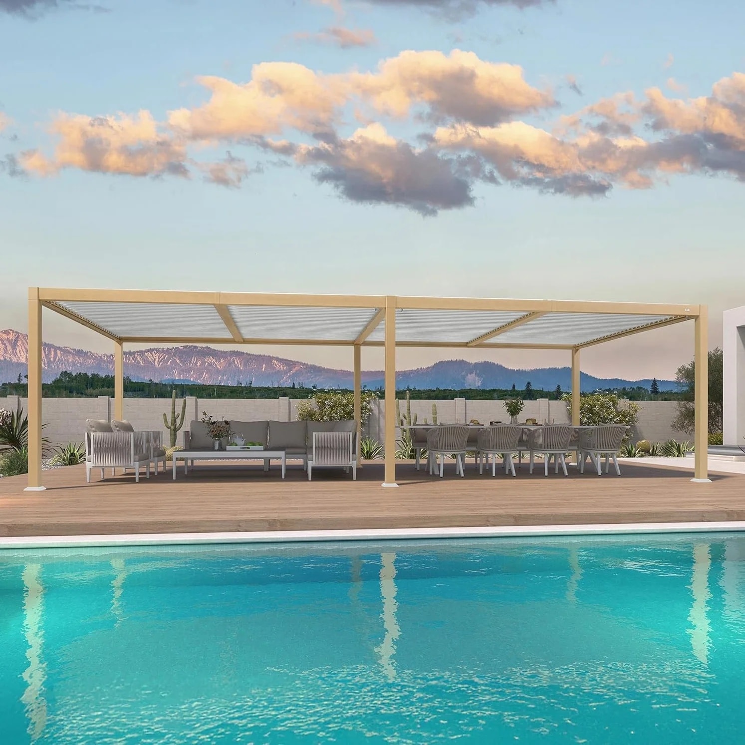 PURPLE LEAF LS05KSPRG1128 Wood Grain 11-ft W x 28-ft L x 7-ft 8-in H Wood Grain Metal Freestanding Pergola