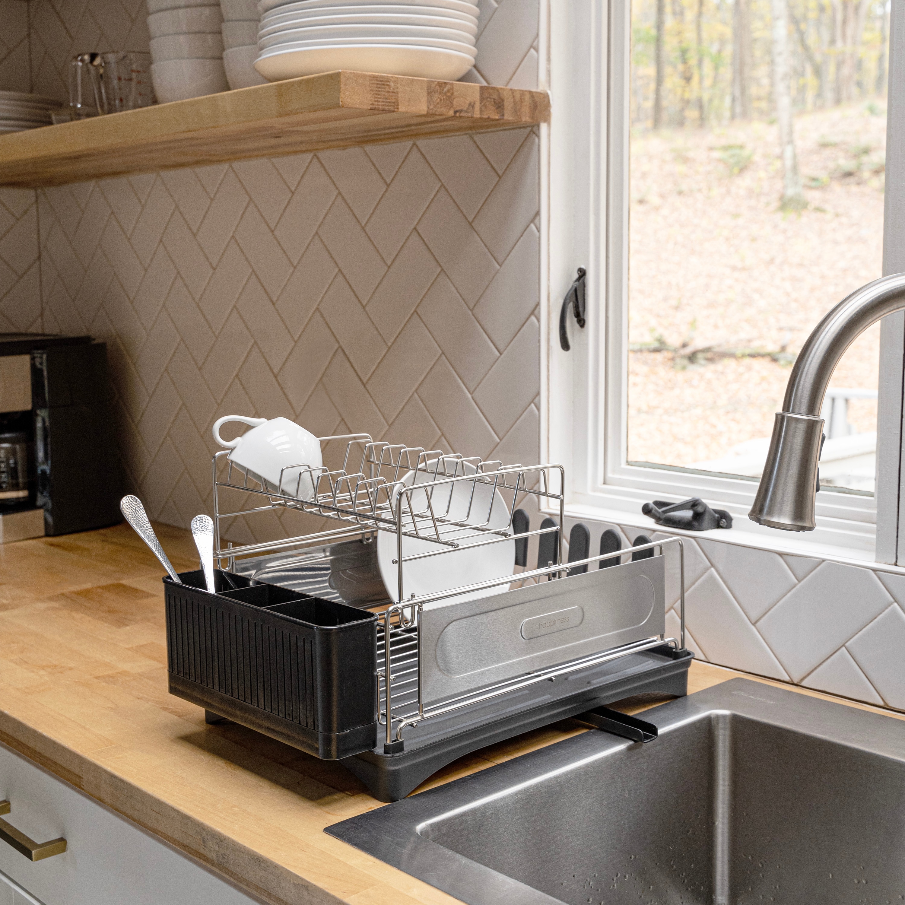 Compact Stainless Steel 2-Tier Dish Rack with Utensil Cup