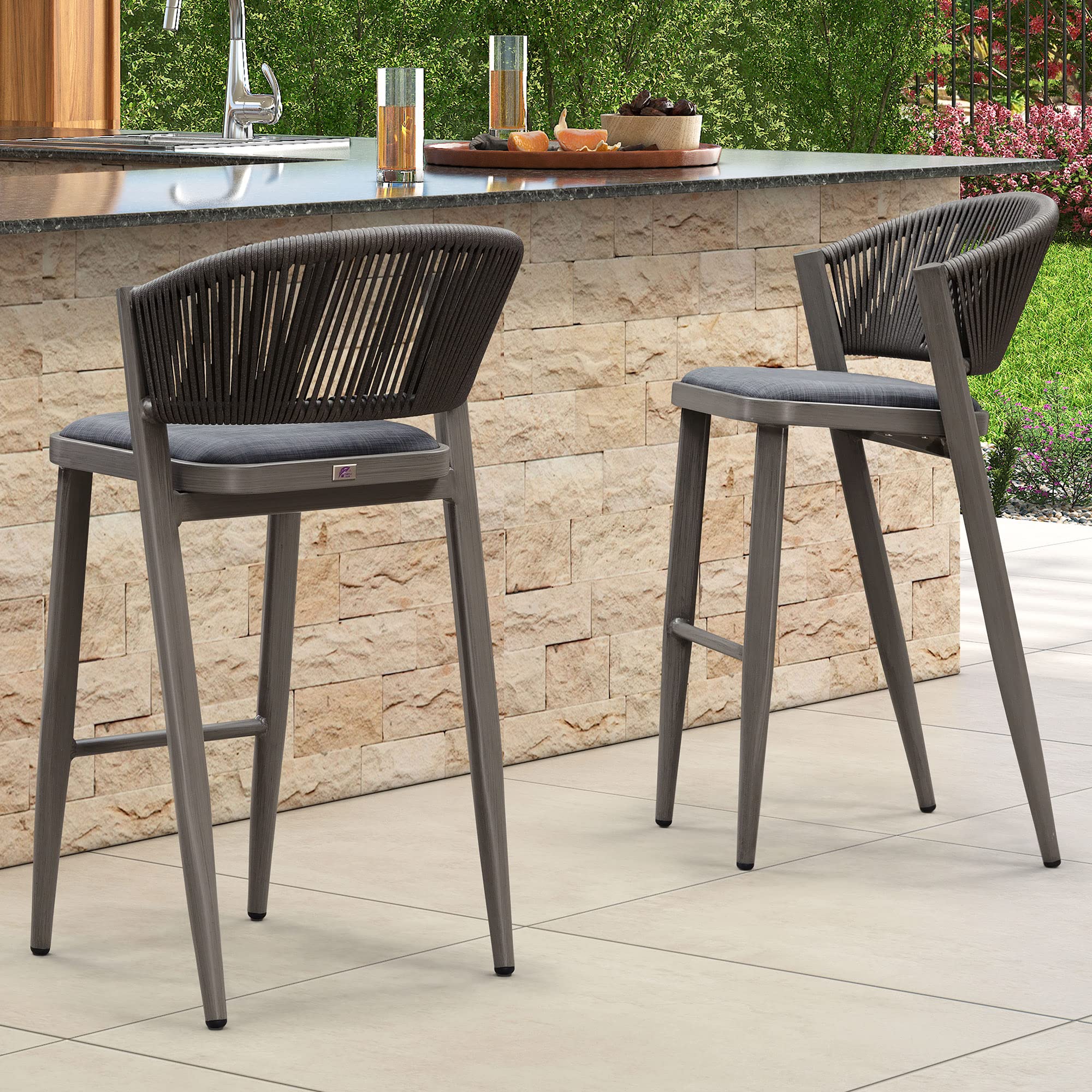 PURPLE LEAF LS04-SX-GB02-MF-1 Shell look backrest barstools 2 -Set Gray 41.14-in H Bar height Round seat Upholstered Metal Bar Stool and Back