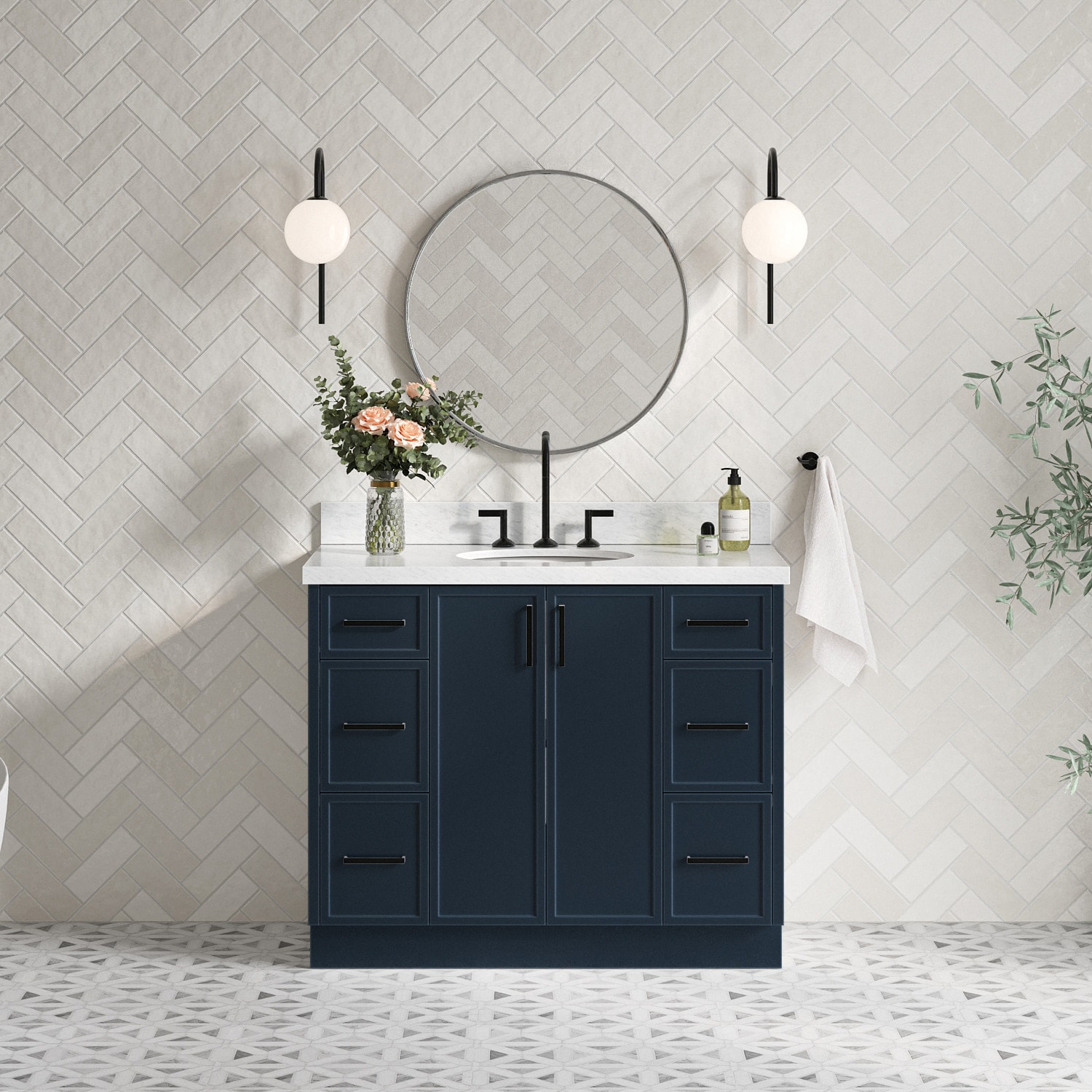 ARIEL K43CWOVOMNB Kelly 43-in Midnight Blue Undermount Single Sink Bathroom Vanity with Carrara White Marble Marble Top