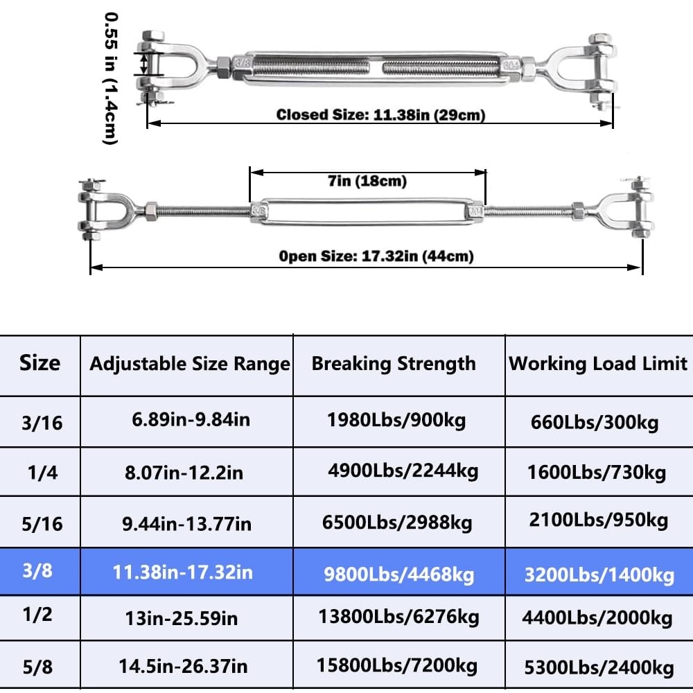 Etokfoks  304 Stainless Steel Turnbuckle 3 8 x 11 8 17 7 x M10 Jaw and Jaw Cable Wire Tensioner for Shade Sail