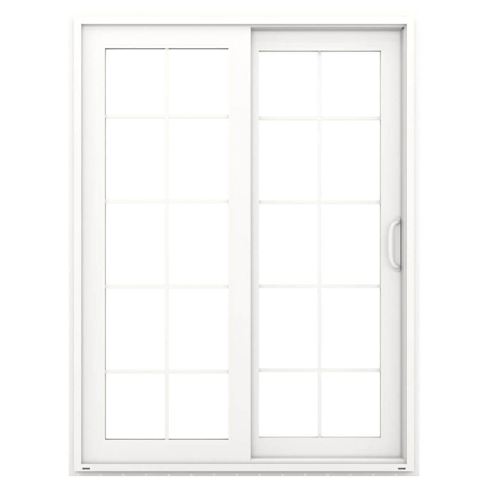 JELD-WEN 60-in x 80-in x 4-9/16-in Jamb Low-e Argon Simulated Divided Light White Vinyl Sliding Right-Hand Sliding Double Patio Door Screen Included -  LOWOLJW155900006