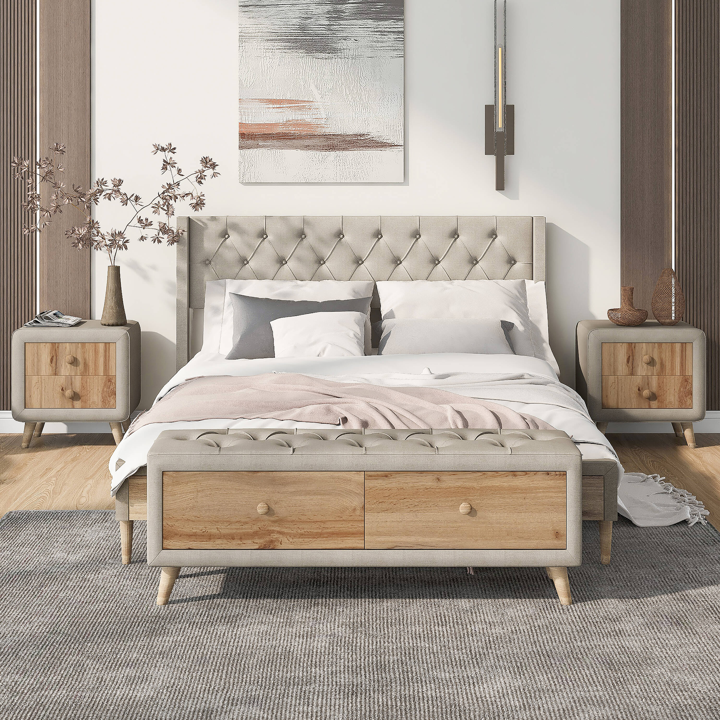 ModernLuxe Beige Queen Upholstered Platform Bed with Storage at Lowes.com