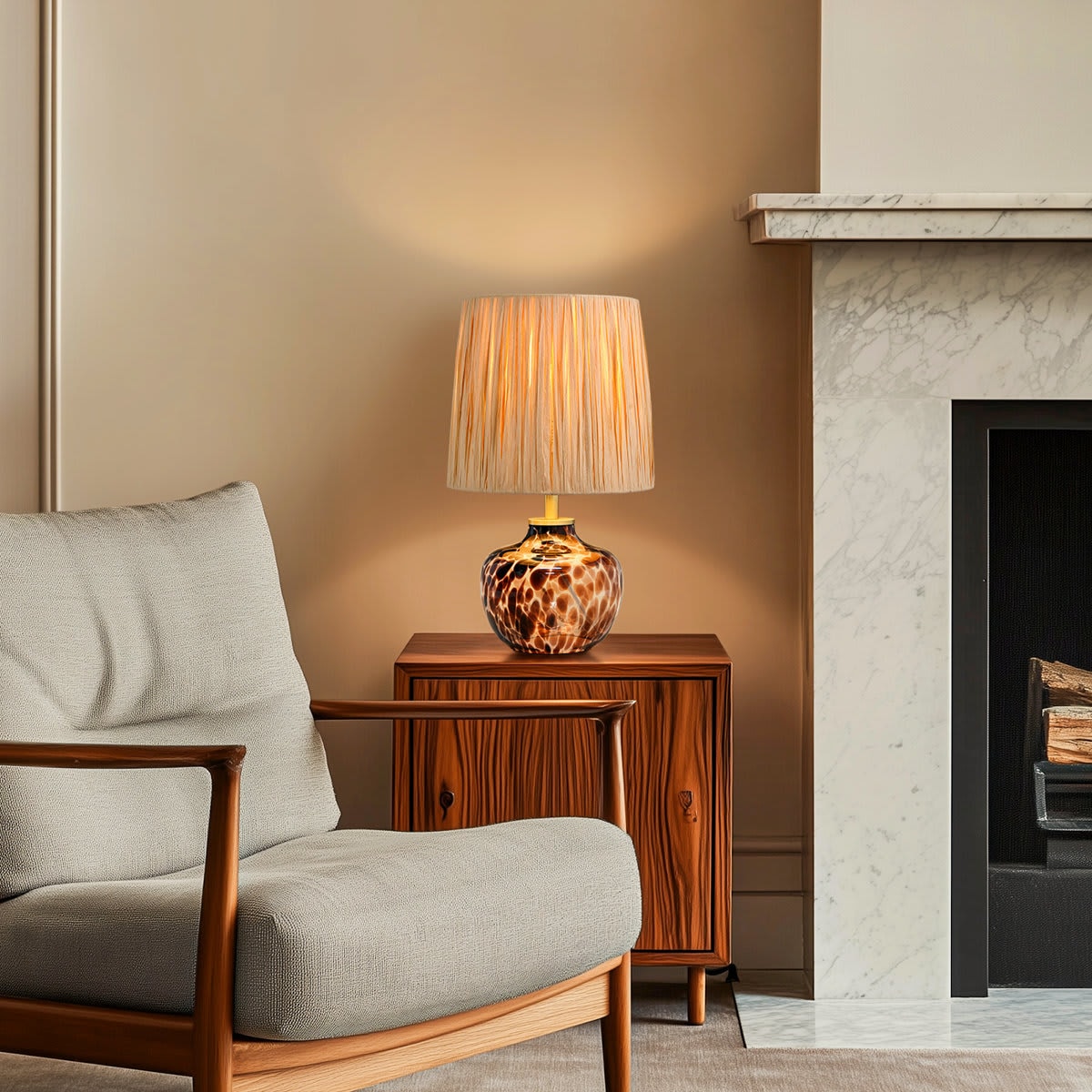 BIGHOUSE 300201214V 15'' Handcrafted Leopard-Print Glass Table Lamp with Natural Raffia Shade