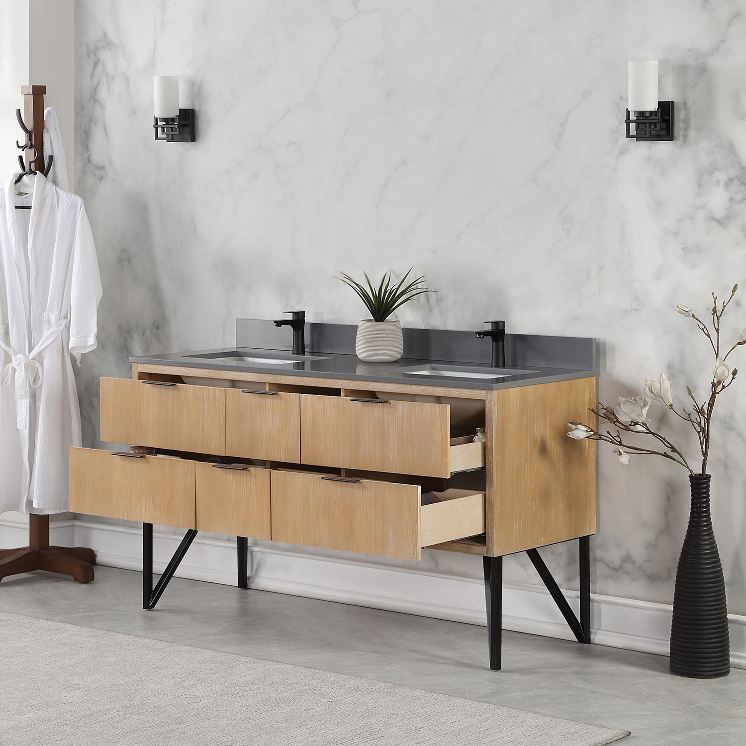 Helios 60" Double Weathered Pine Vanity with Concrete Gray Countertop