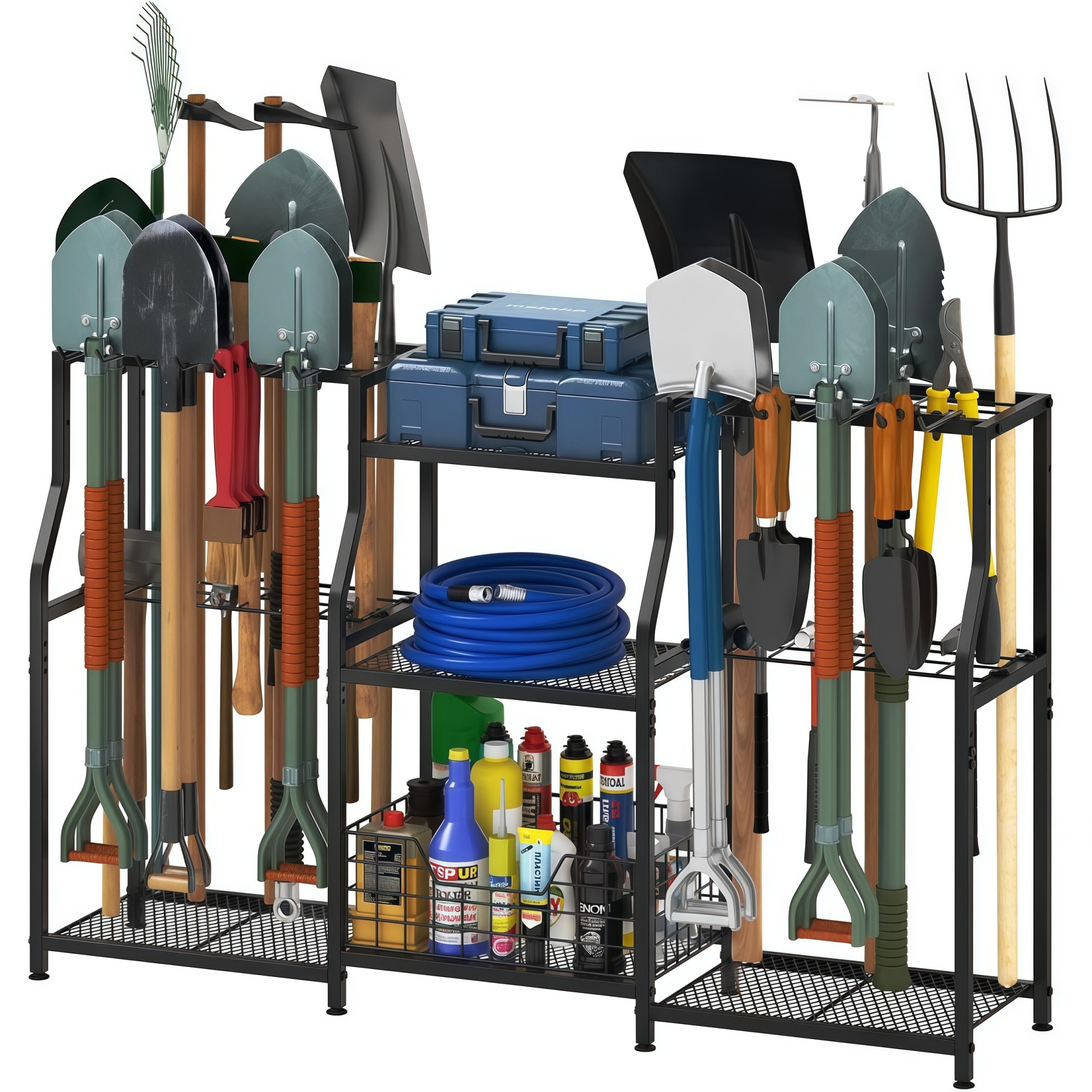 Numhew 48.43in L 3-Tier Heavy Duty Black Garden Tool Organizer Rack with Hooks and Basket Utility Storage Tower #NHWILL4058