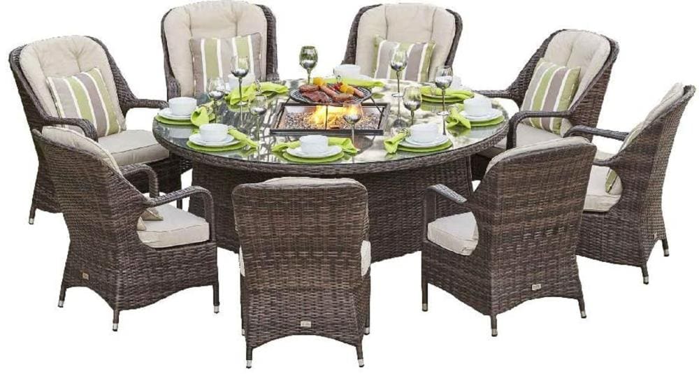 9 Piece Brown Wicker Patio Dining Set, Round Outdoor Dining Table With 8 Chairs