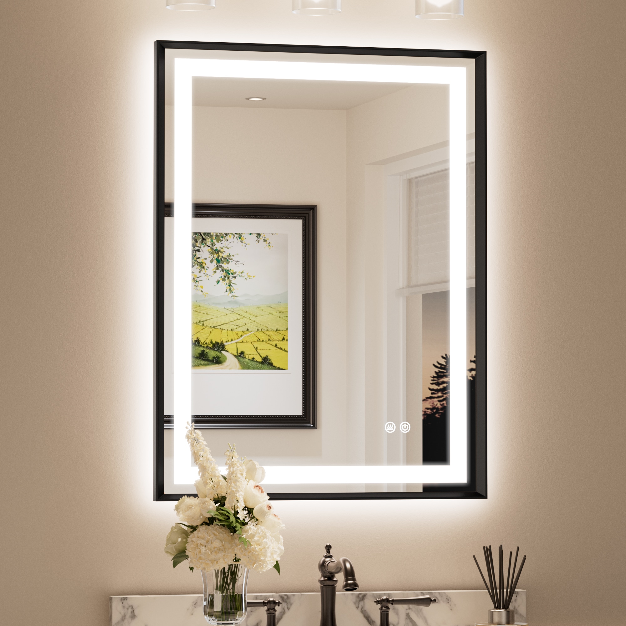 Keonjinn LW-BM66-6181-BK Bathroom LED Mirror With Framed 24-in x 32-in Beveled Rectangle Dimmable LED Lighted Fog Free Bathroom Vanity Mirror ( Brushed Black )