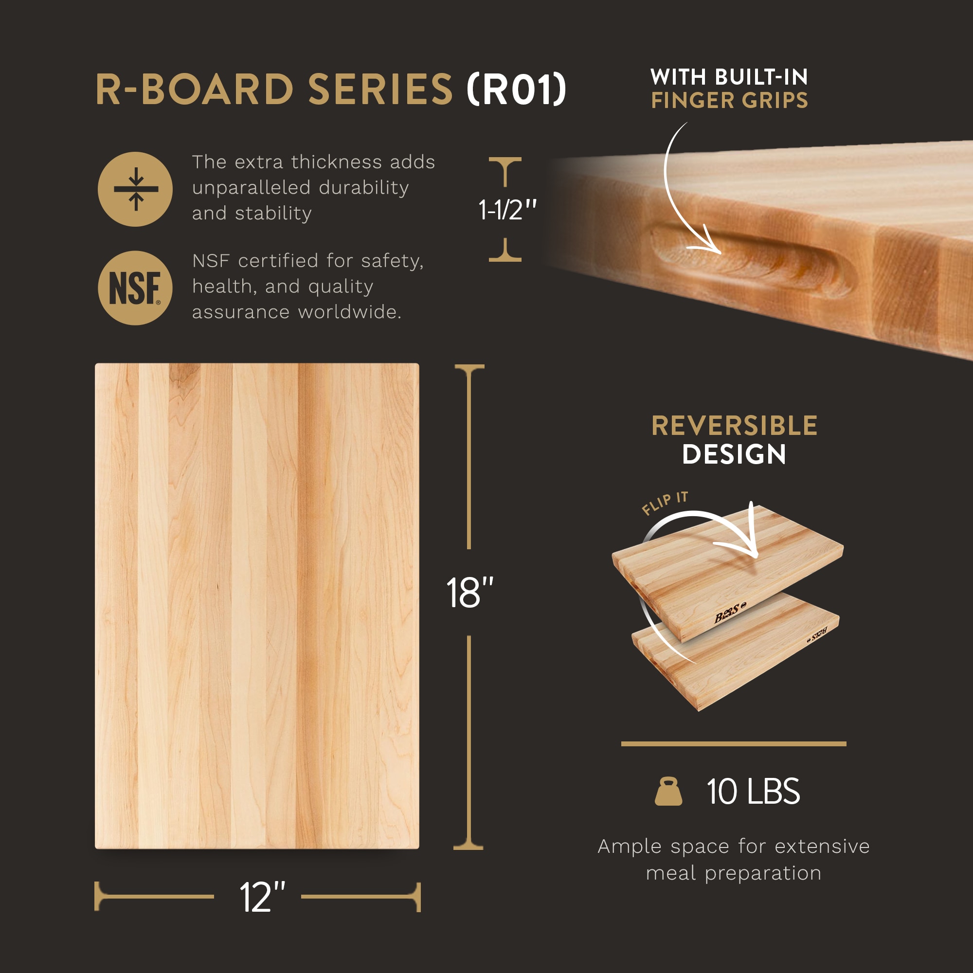 Maple Wood Reversible Cutting Board with Hand Grips, 18 x 12 Inches
