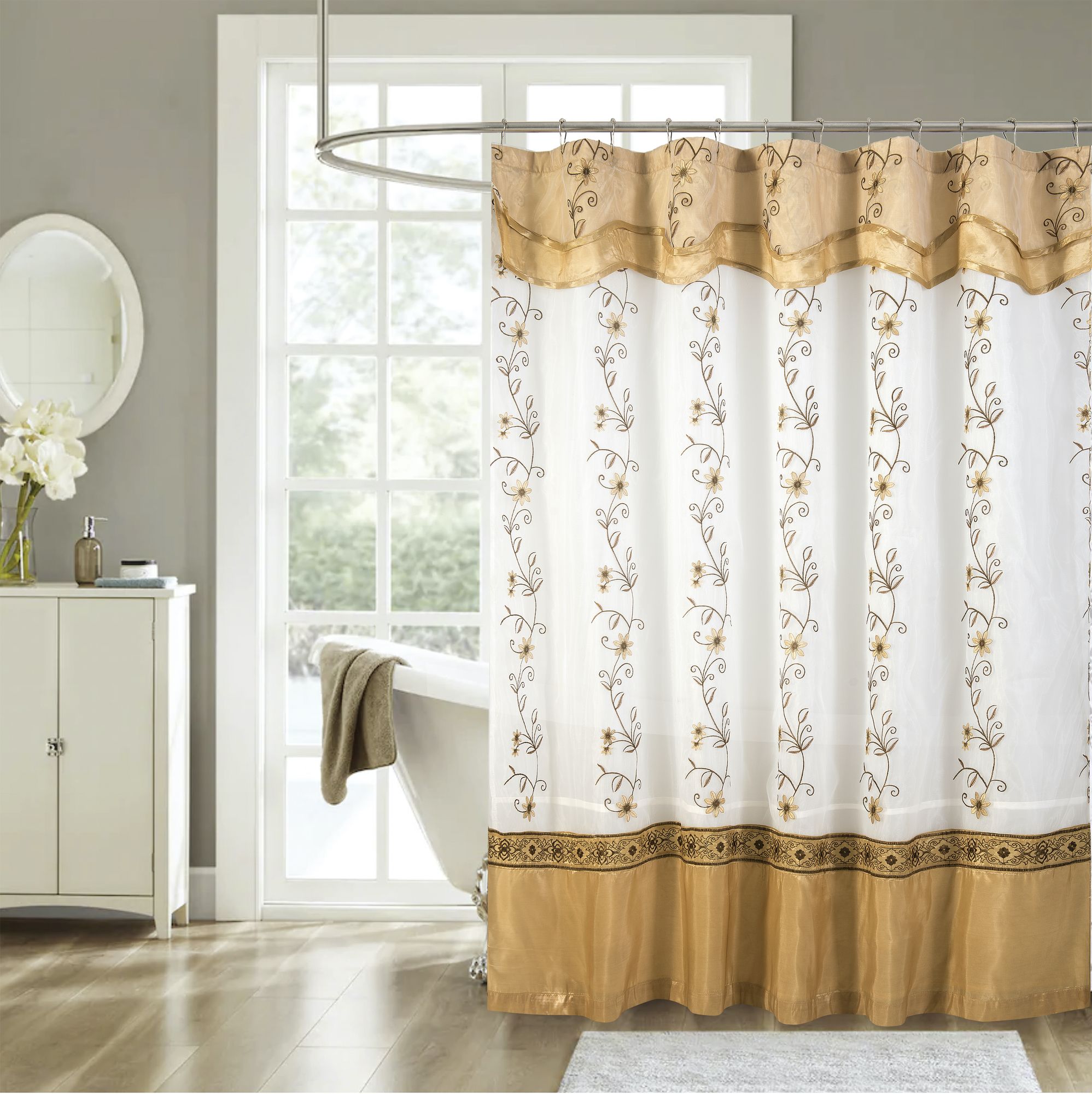 KATE AURORA Royal Living Embroidered Floral Sheer on Taffeta Layered Fabric Shower Curtain