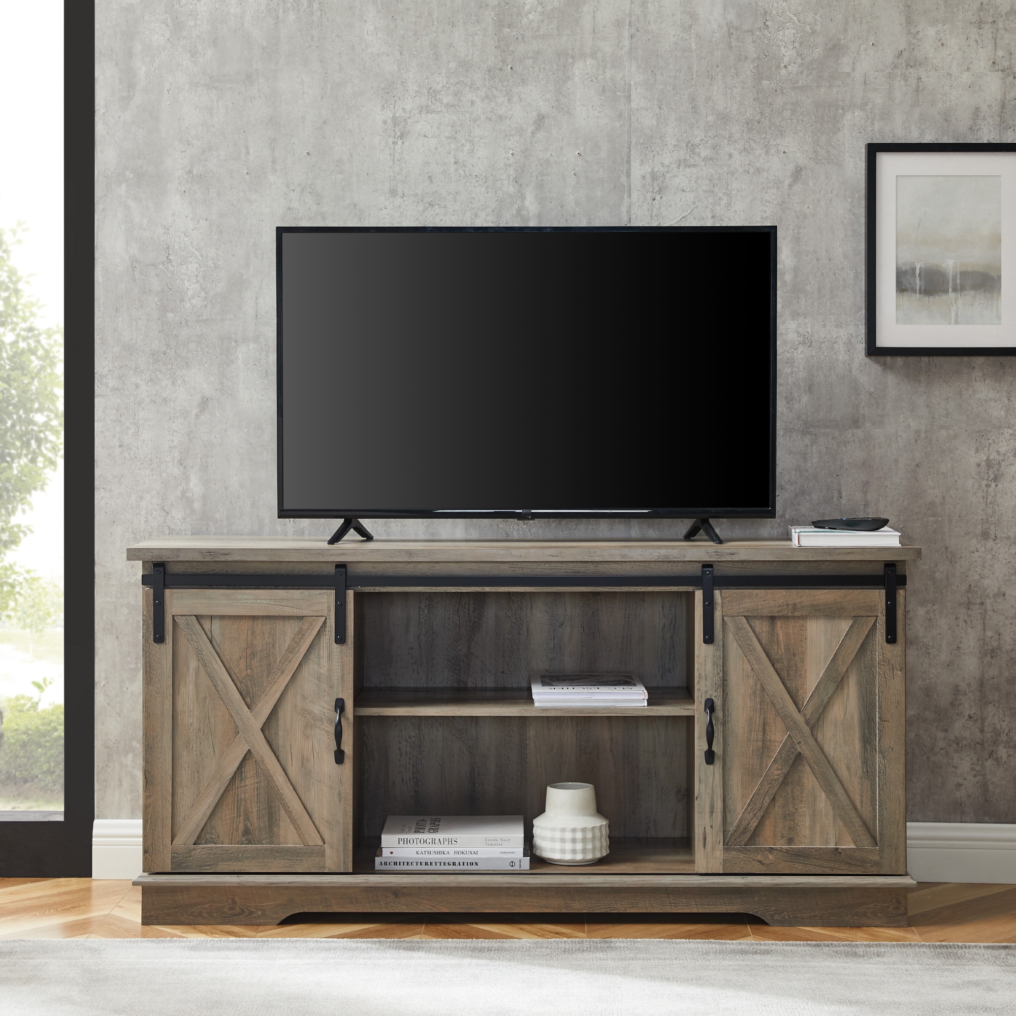 Walker Edison Transitional Grey Wash Tv Stand (Accommodates TVs up to ...