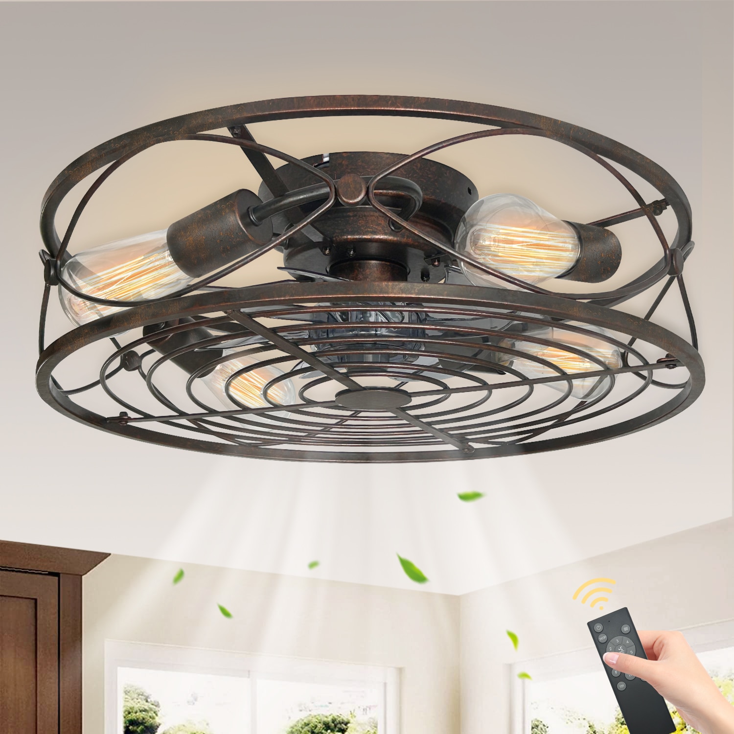 20 Inch Caged Ceiling Fan With Remote Control Hardwired Brown
