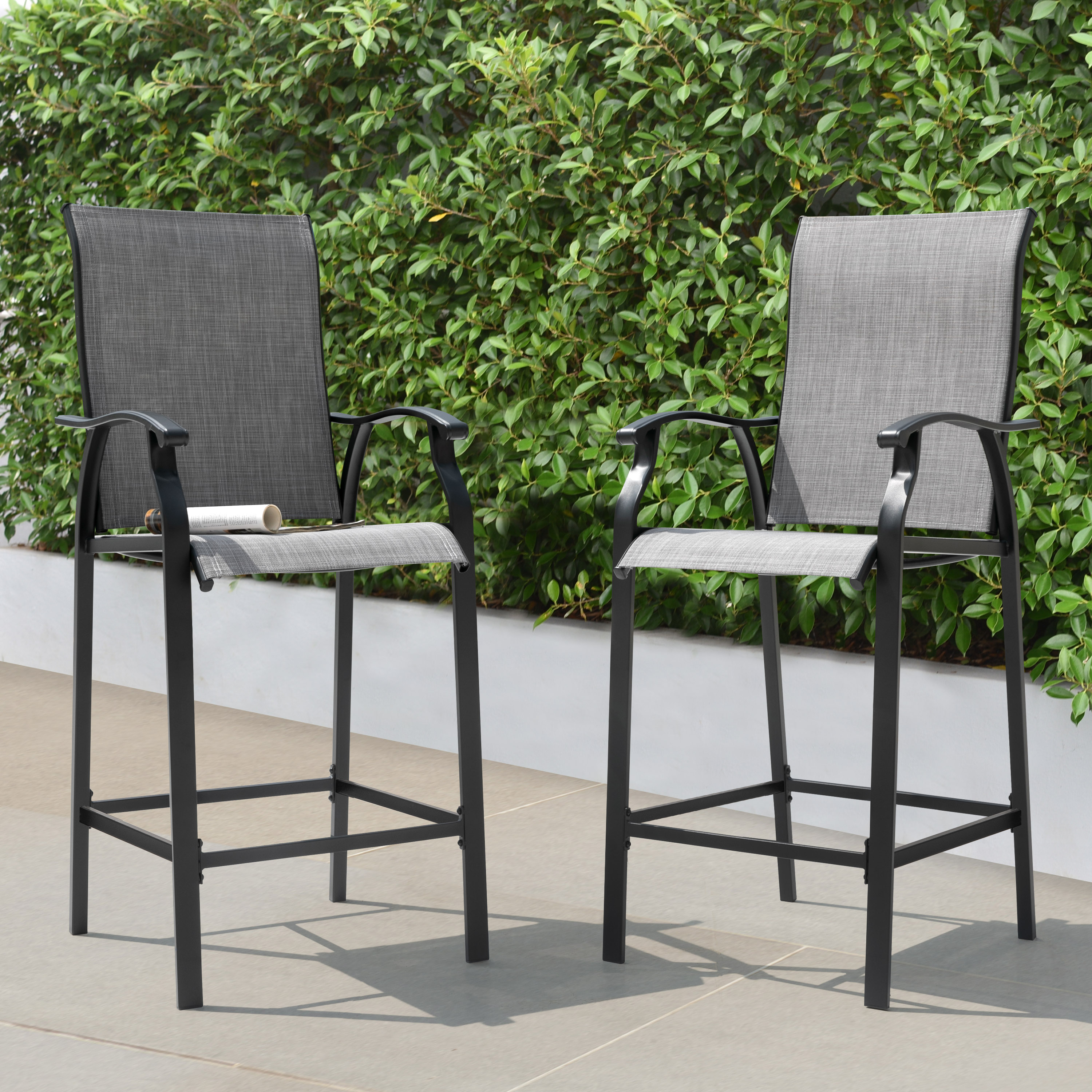 Nuu Garden DB140H-LS Patio 2-Piece Bar Stools Set of 2 Black Iron Frame Stationary Bar Stool Chair with Gray Solid Seat