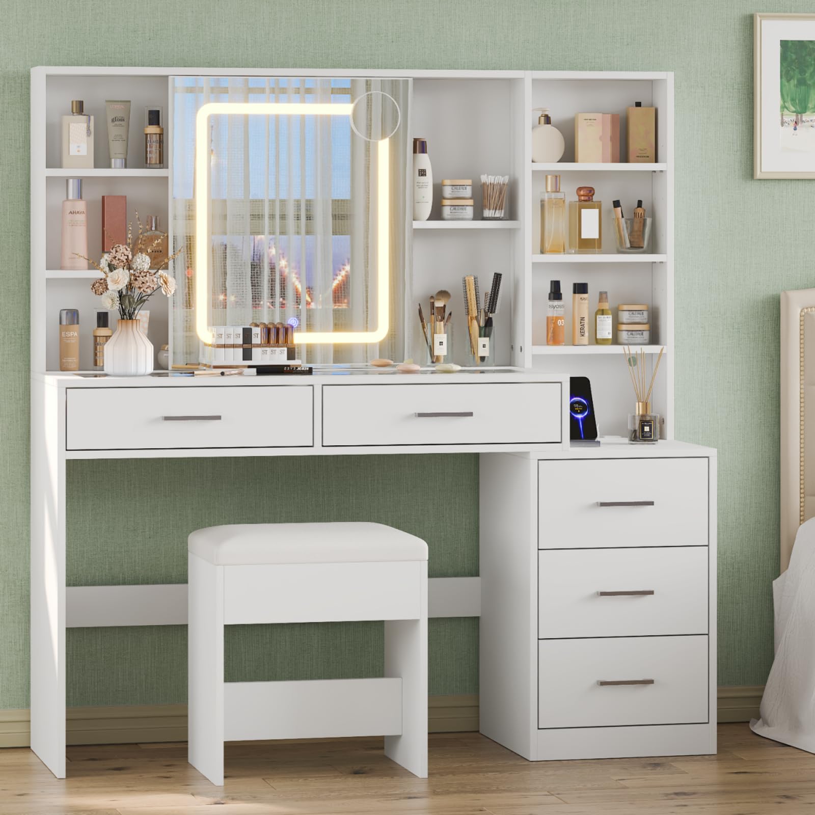 PUPWE 5 Drawers White Corner Vanity Desk With Glass Top Built In ...