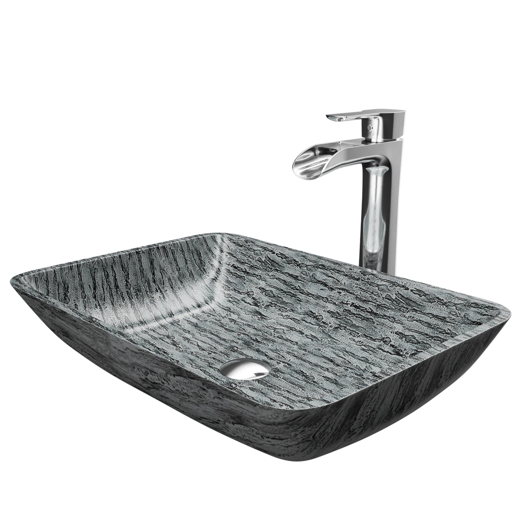 VIGO VGT1702 Titanium Glass 13-in Vessel Rectangular Modern Titanium Bathroom Sink with Faucet Included with Drain Included