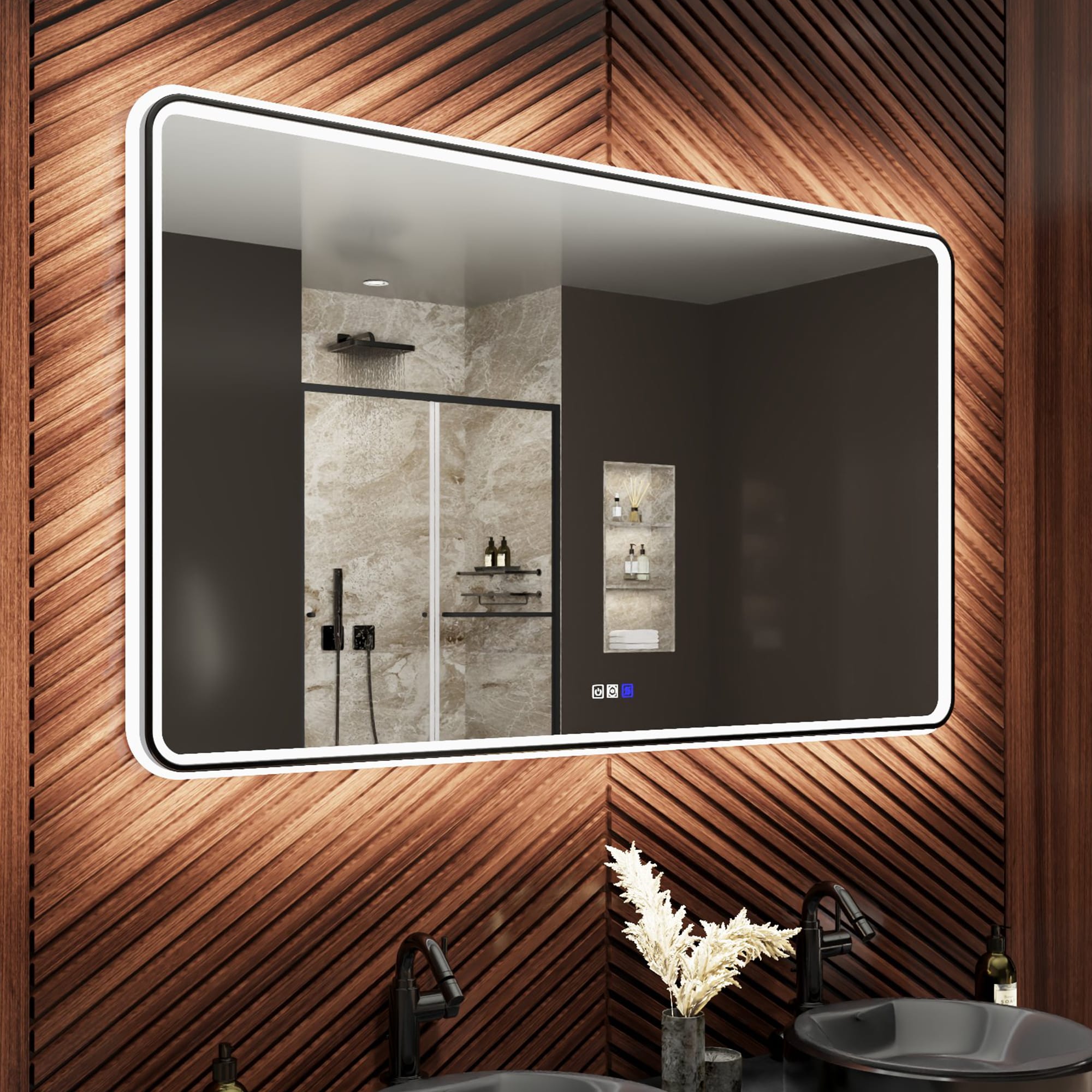 AAZJ V8 Ultra-Bright LED Mirror 55-in x 30-in Beveled Rectangle Dimmable LED Lighted Fog Free Bathroom Vanity Mirror ( Matte Black )