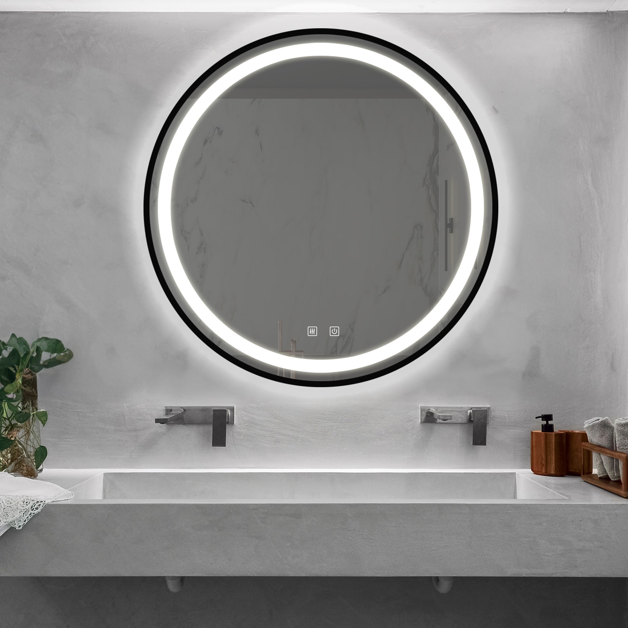 WELLFOR BTZ8039CA 24-Inches x 24-Inches Framed Round Dimmable Lighted Fog Free Bathroom Vanity Mirror ( Black )