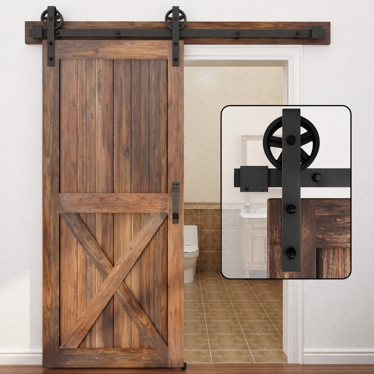 Yichuhaoxi  6FT Heavy Duty Sliding Barn Door Hardware Kit Black Silent Glide Easy Install Two Piece Track Big Wheel Hangers Floor Guide All