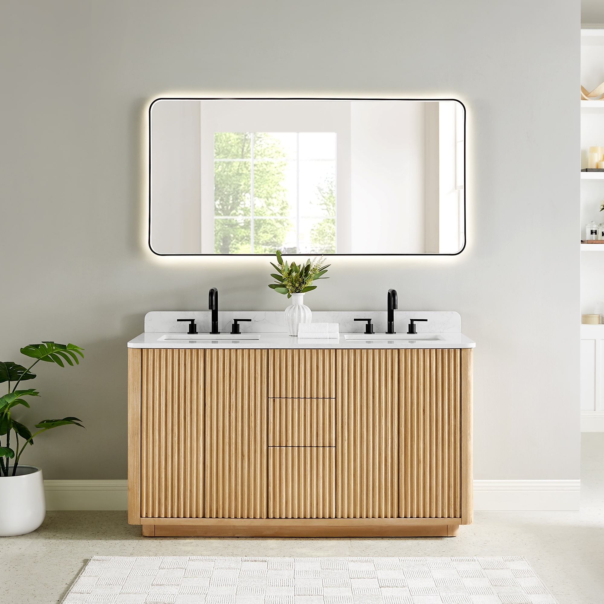 Altair 580060-WL-GW Clayton 60-in Washed Light Brown Undermount Double Sink Bathroom Vanity with Grain White Engineered Stone Top (Mirror Included)