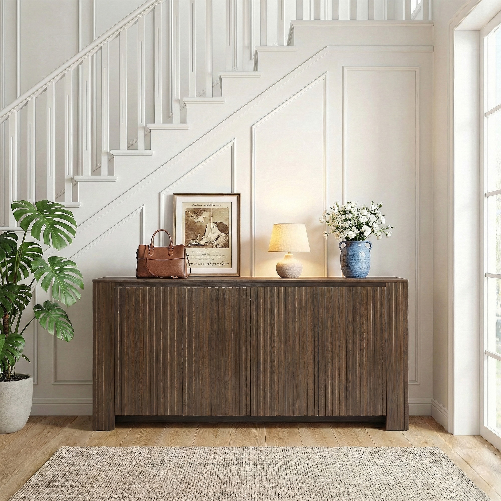 Dreamsidea Sideboard Buffet Cabinet White Solid Wood with Integrated Cable Management Holes