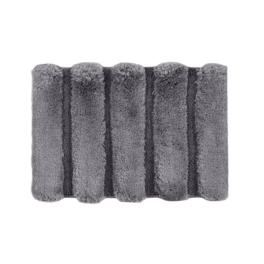 Misopily Grey bath rug 17 in W x 24 in L tufted high low stripe design soft macro spun polyester fade stain resistant non skid latex backing