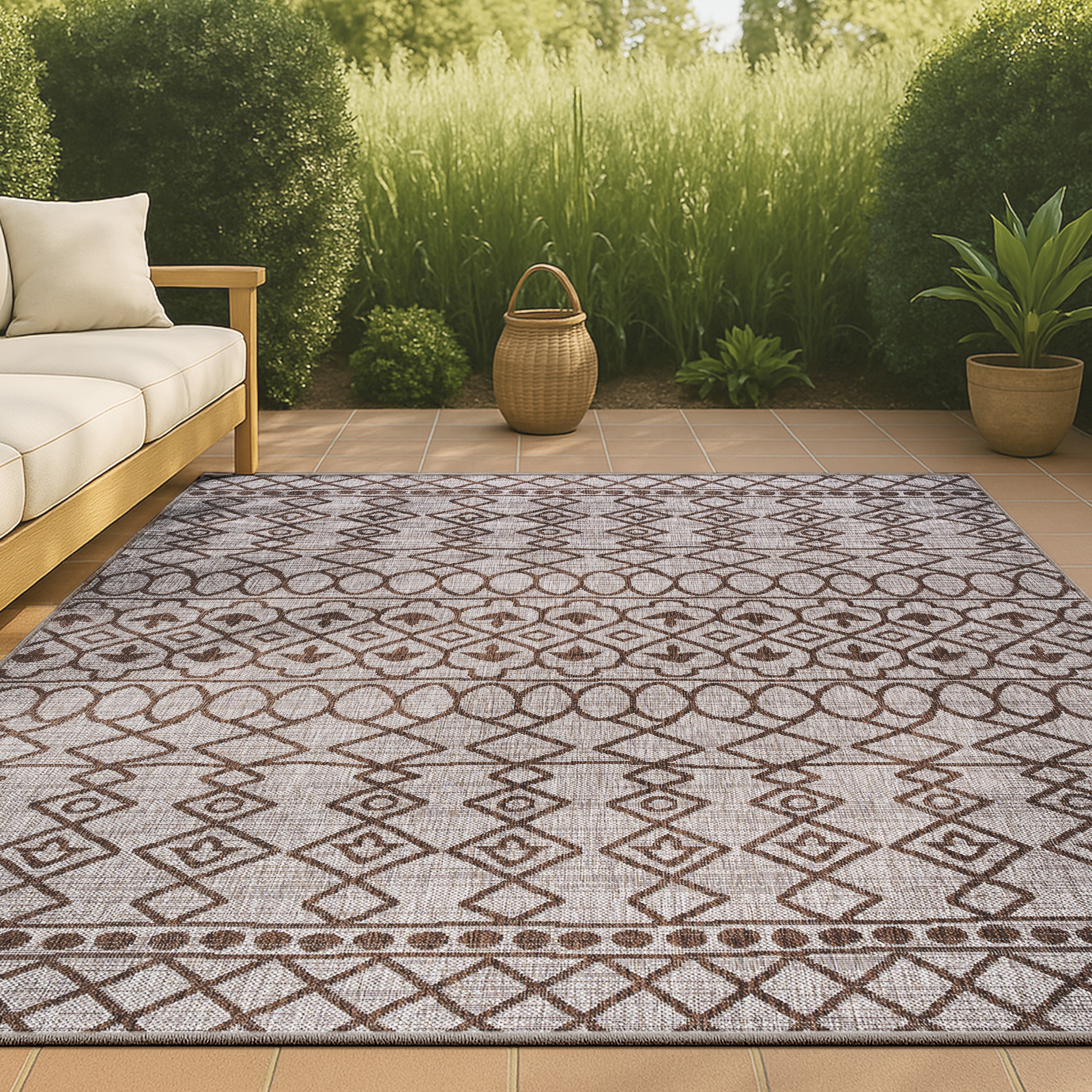 JONATHAN  Y SMB130A-5 Santa Monica Kafel Tribal 5 x 8 (ft) Loomed Polypropylene Beige/Brown Rectangular Indoor/Outdoor Trellis Bohemian/Eclectic Area rug