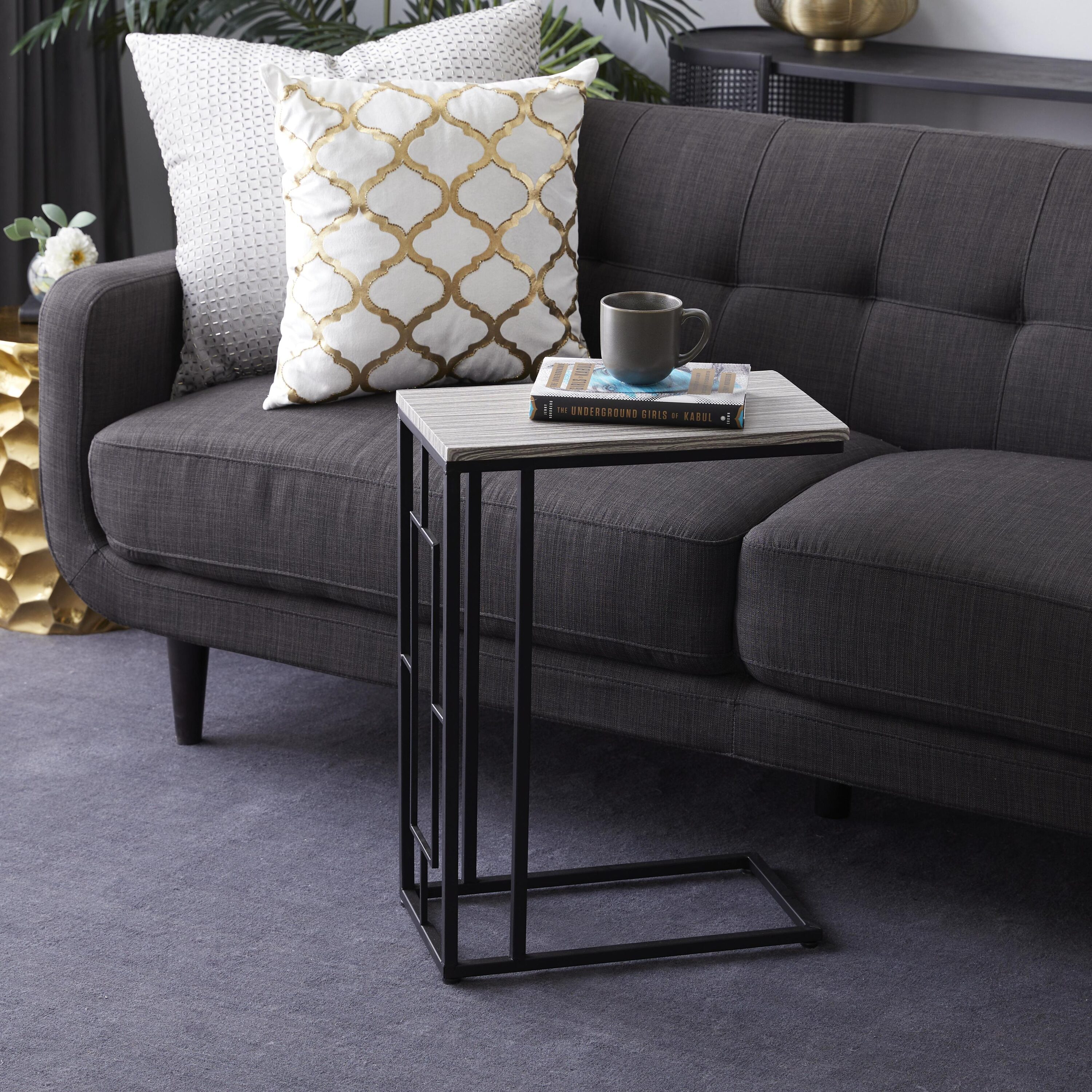 Grayson Lane 58706 10-Inches W x 26-Inches H Light Brown C-Shaped with Black Metal Base Wood Rectangular Modern End Table with Storage