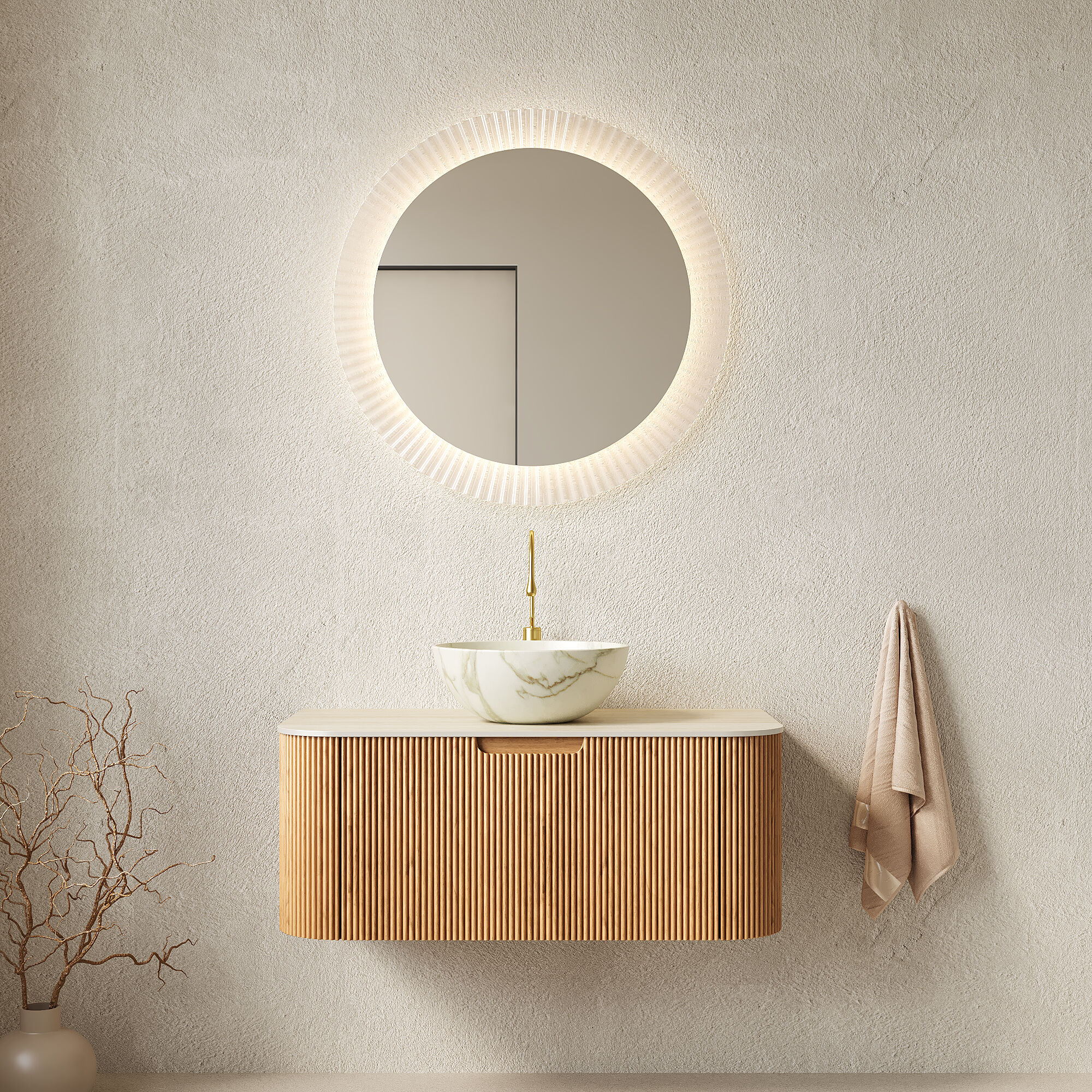 LOVMOR  Natural Wood 36-inch Plywood Single Sink Bathroom Vanity Stone White Sintered Stone Wall-Mounted Fully Assembled