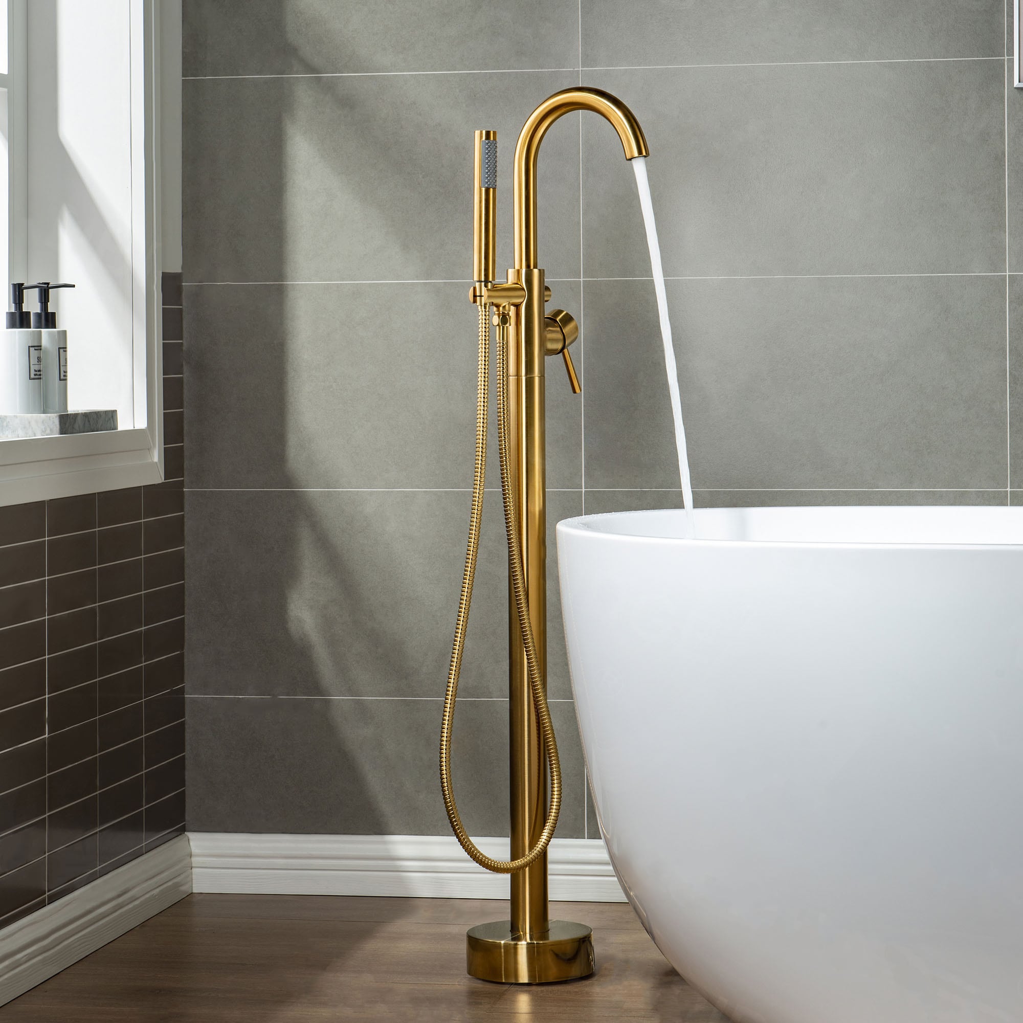 Woodbridge Frankfurt Brushed Gold 1-handle Freestanding Swivel Bathtub  Faucet with Hand Shower in the Bathtub Faucets department at
